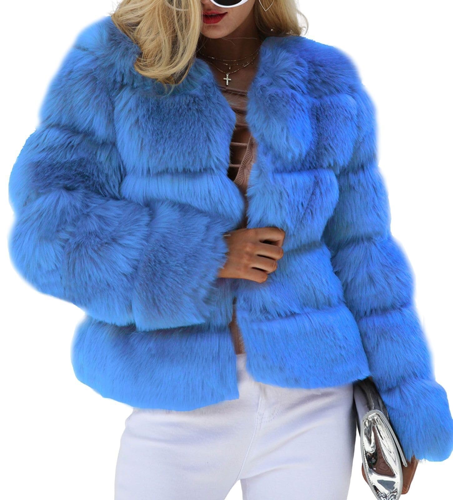 Lockenstab Women's Blue Warm Fluffy Cropped Puffer Jacket Faux Fur Coat Crop Parka Collarless Winter Teddy Bear Overcoat(,X-Small)