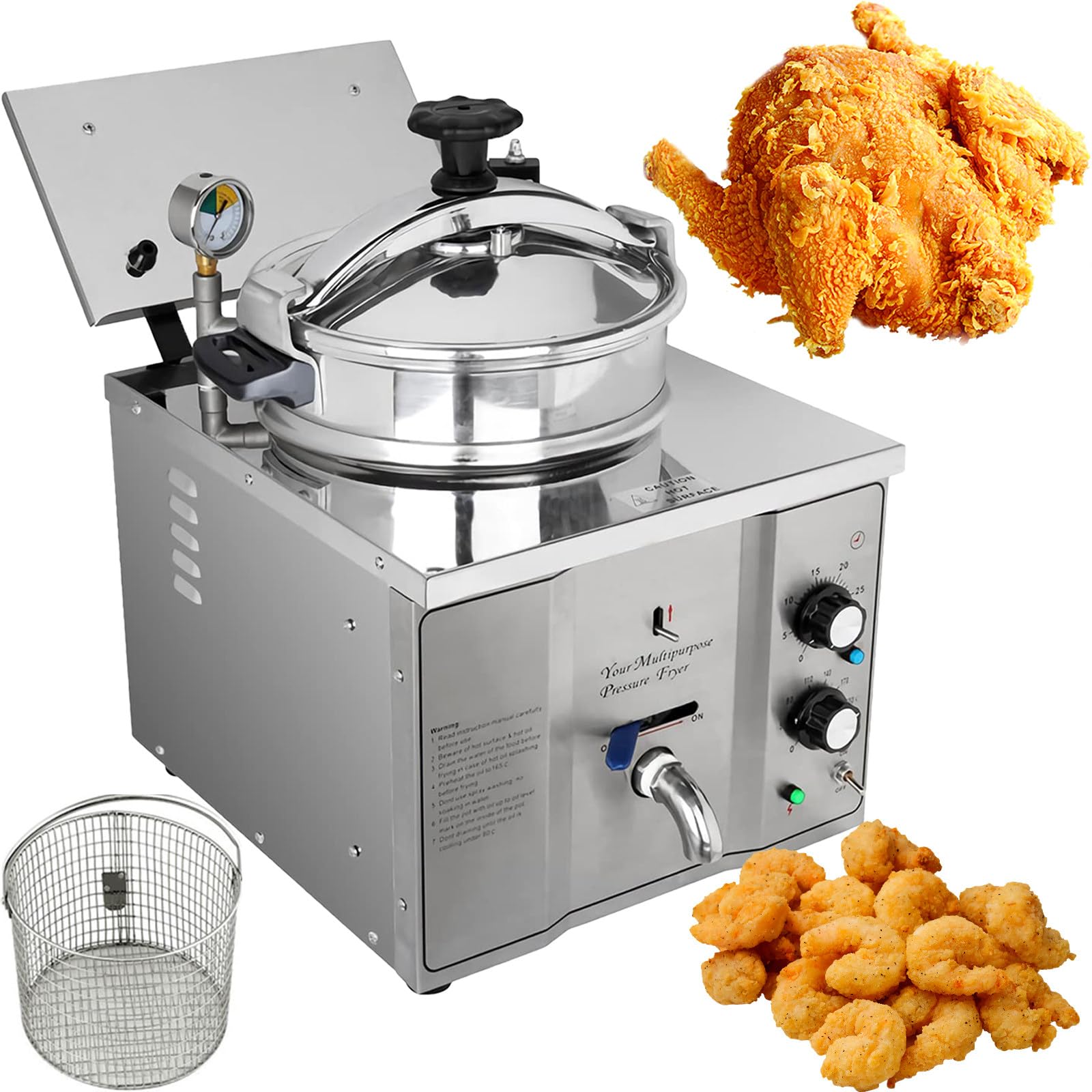 Friteuse à Pression Professionnelle de comptoir 16 L, en Acier Inoxydable, pour Poulet Frit Haute Pression, Multifonction, 110 V, 3000 W, 8 PSI