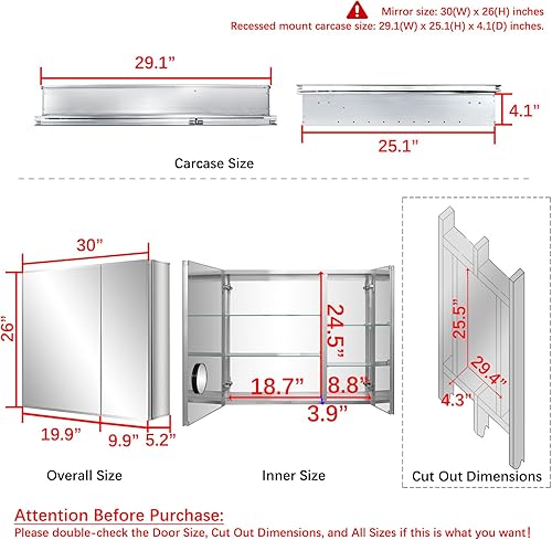 Miniatura 3 de Fundin Espejo de baño, botiquín de aluminio, 30 x 26 pulgadas, borde biselado, sin marco, espejo de doble cara, hueco de puerta o montaje en