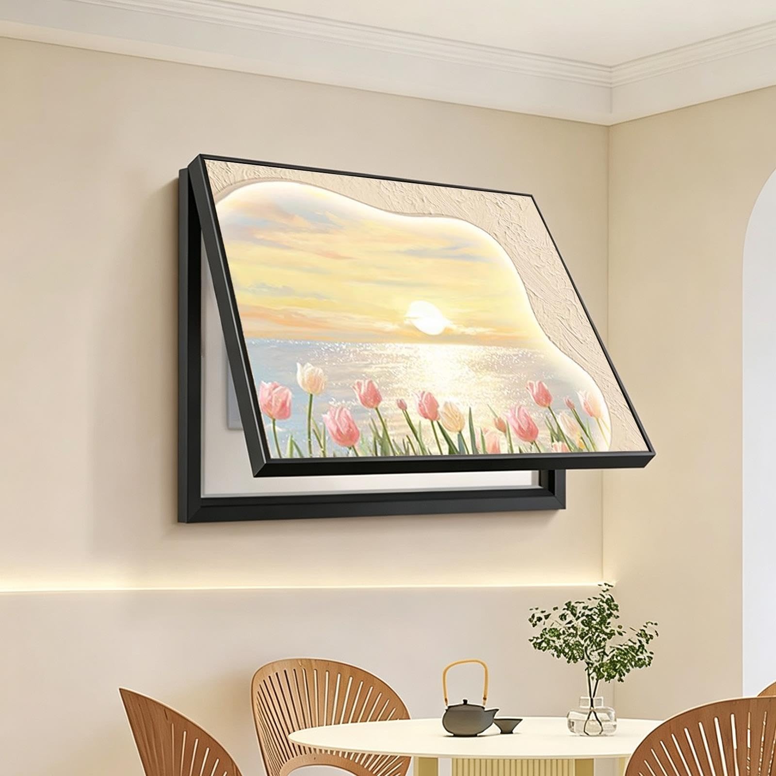 Cache tableau electrique decoratif, Décor Floral Crème Cadre Noir