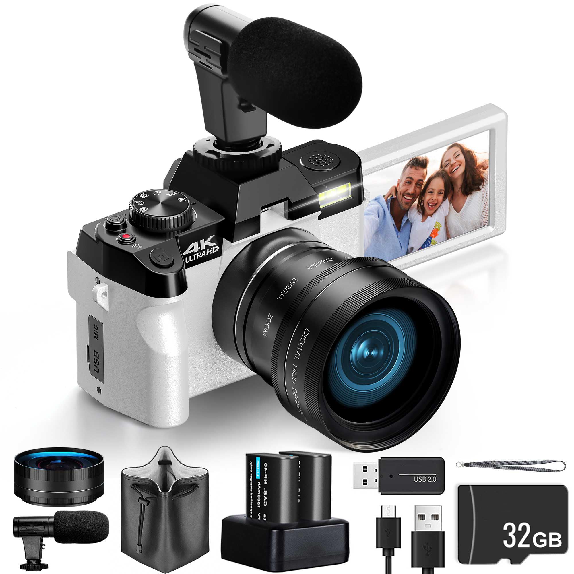Digital Cameras for Photography with 180° Flip Screen，Vlogging Camera for  4K 48MP，DSLR Cameras with 32GB TF Card,2 Batteries (White) - Main Image