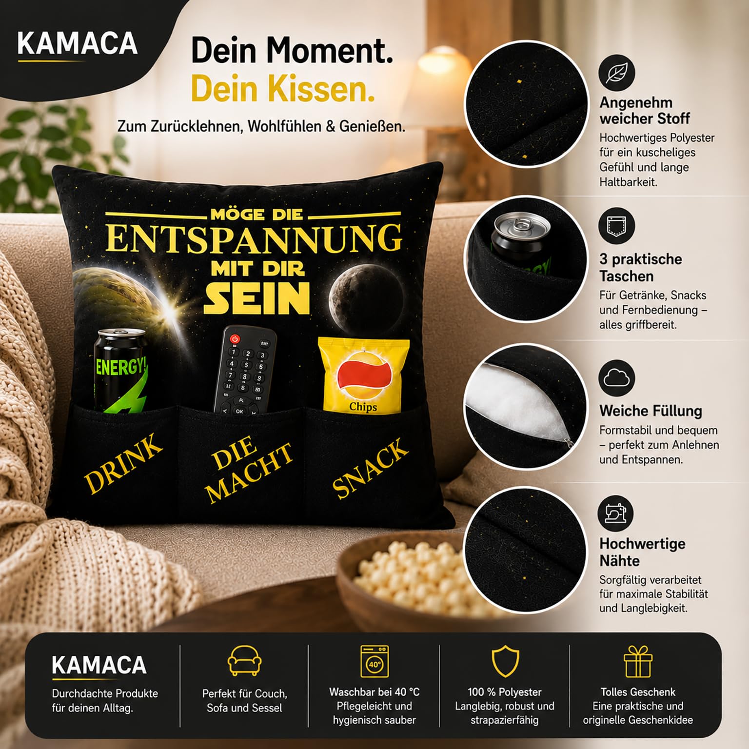KAMACA Entspannungskissen mit Spruch und Taschen für Snacks - lustiges Geschenk für Mann und Frau - Wichtelgeschenk (Entspannung)