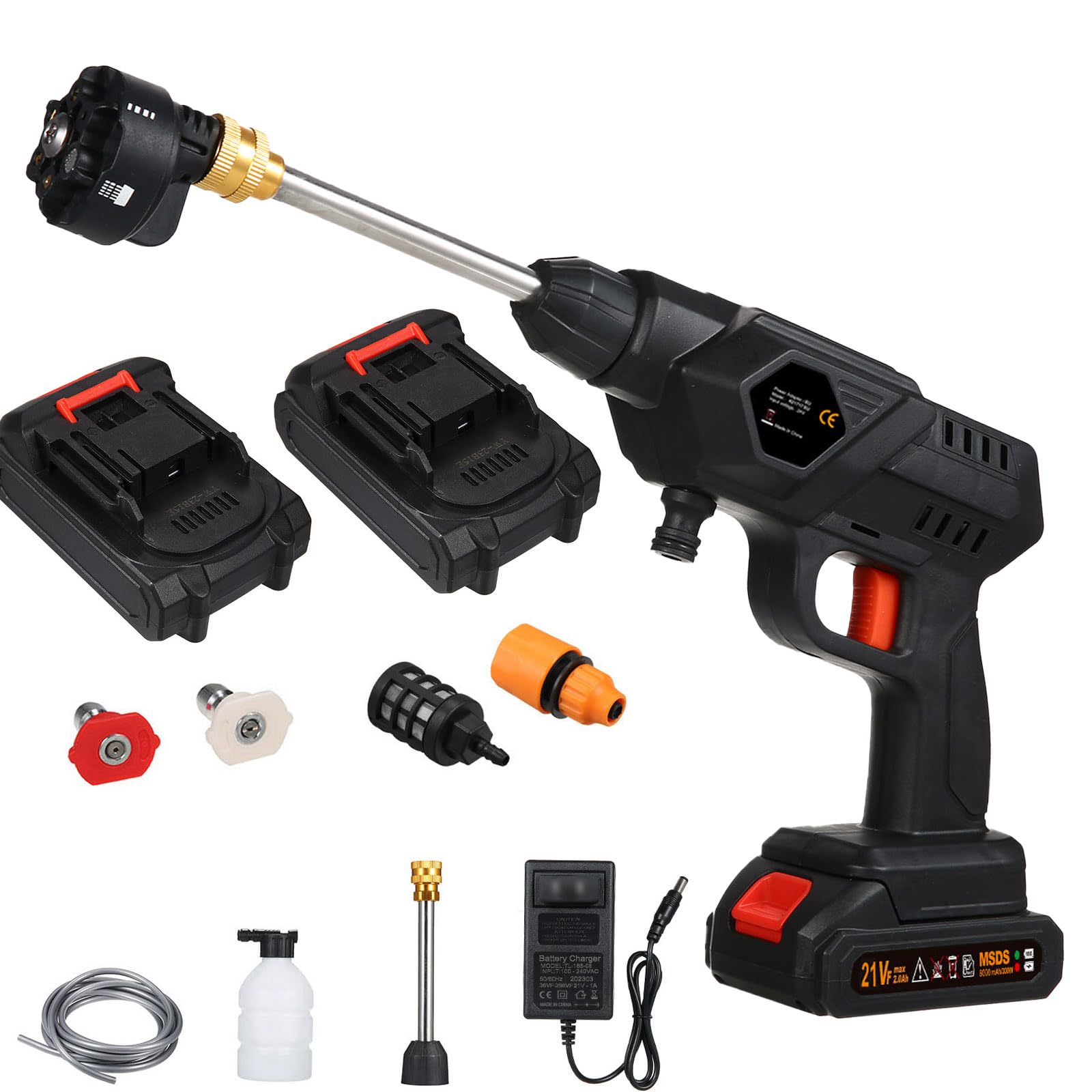 Cordless Pressure Washer, 60 Bar 6-in-1 Nozzle Portable With Battery and Charger - 24 Volt Rechargeable Electric for Car/Fence/Garden Cleaning