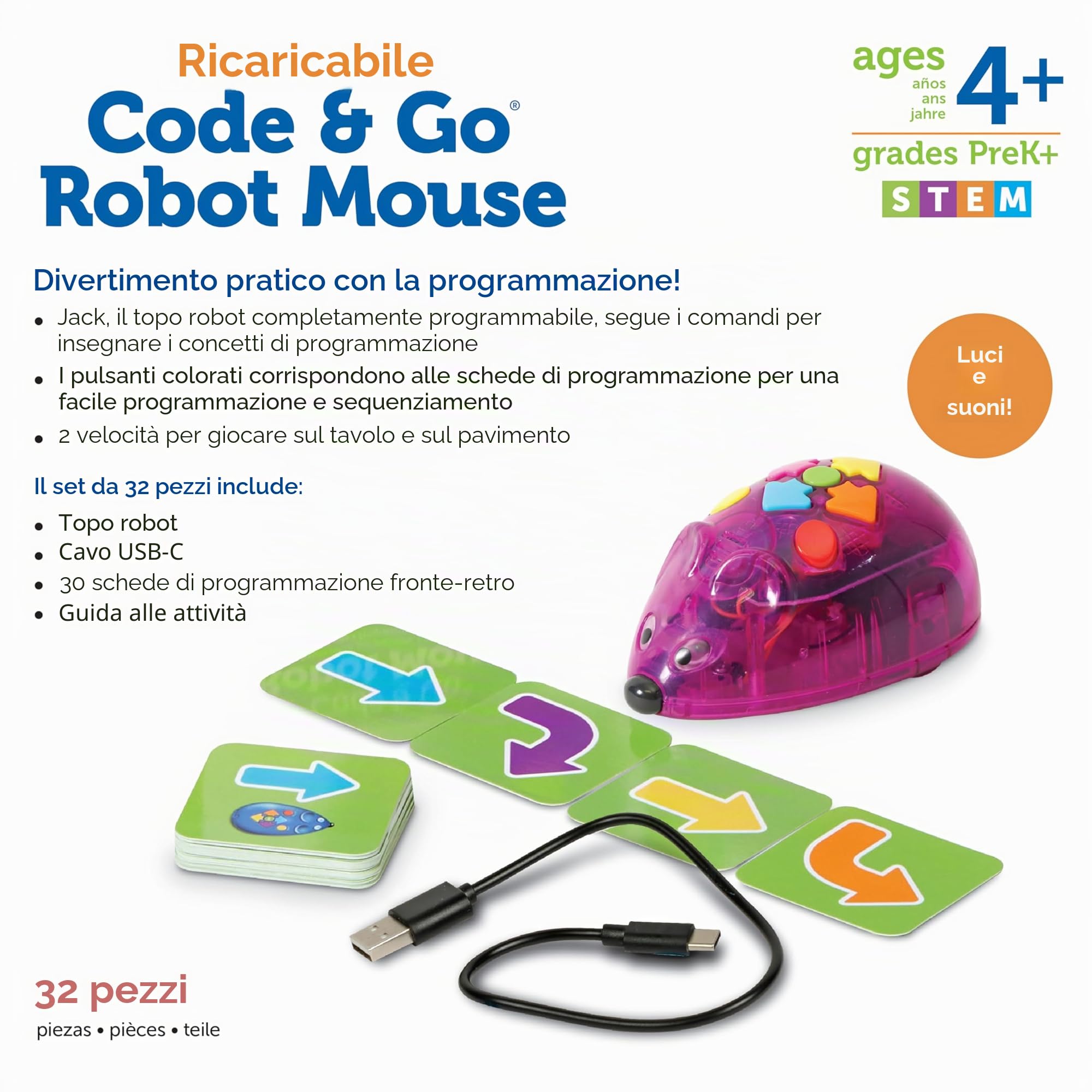 Learning Resources Set di attività Ricaricabile Code & Go Topo Robot, Giocattoli per Bambini e Bambine di 4 Anni, Robot Programmabile Interattivo Senza Schermo