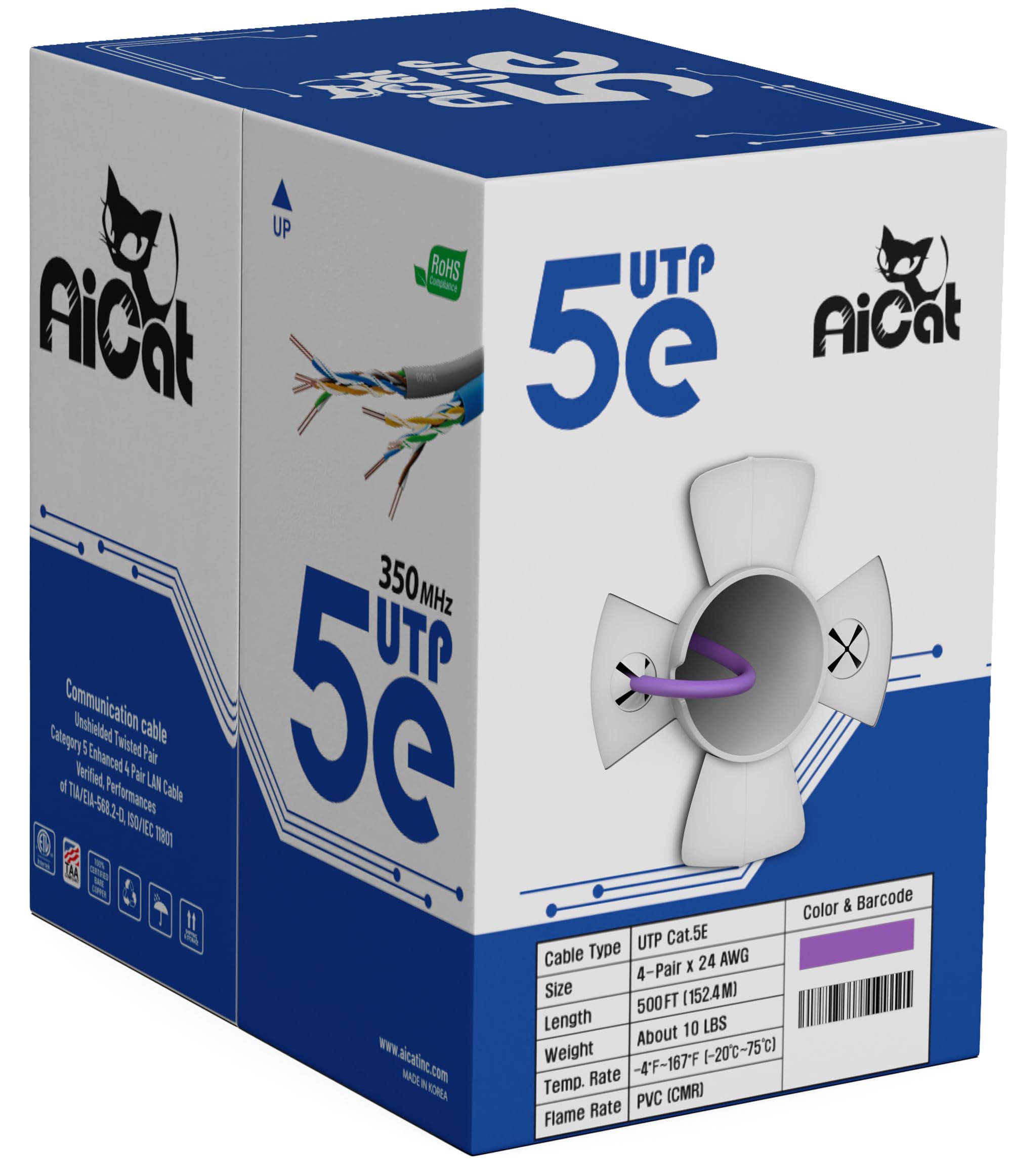 AiCat Cavo Ethernet Cat5e 152,4 m - 24 AWG, CMR, cavo Internet isolato in filo di rame nudo con FastReel - Cavo LAN UTP velocità 350MHZ/Gigabit - UTP, ETL (viola)