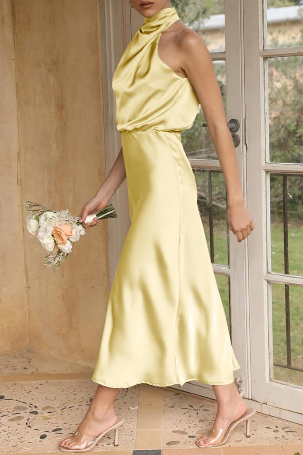 Women's 2026 Summer Satin Dress Elegant Formal Sleeveless Mock Neck Wedding Guest Cocktail Party Maxi Dresses - Image 6