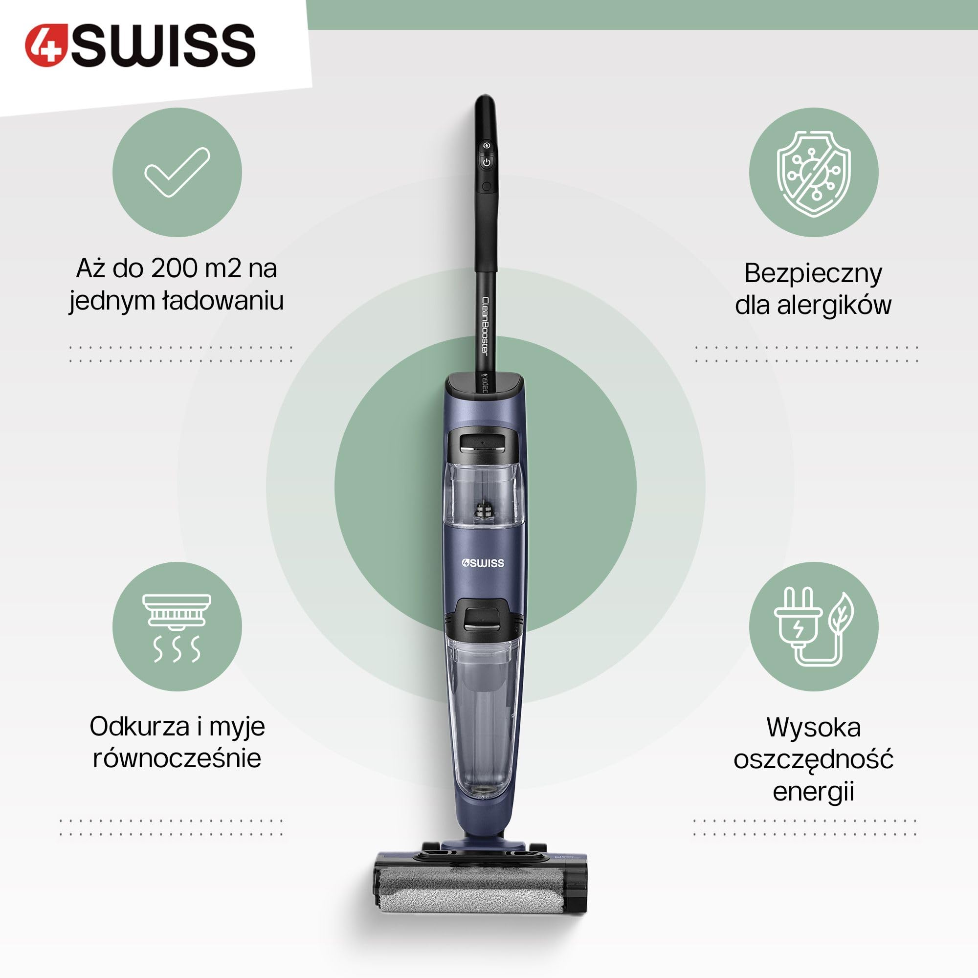 4Swiss VC024 Clean Booster | Odkurzacz pionowy | Bezprzewodowy | Odkurzacz myjący | Biały | Bezworkowy | Samoczyszczący | Energooszczędny