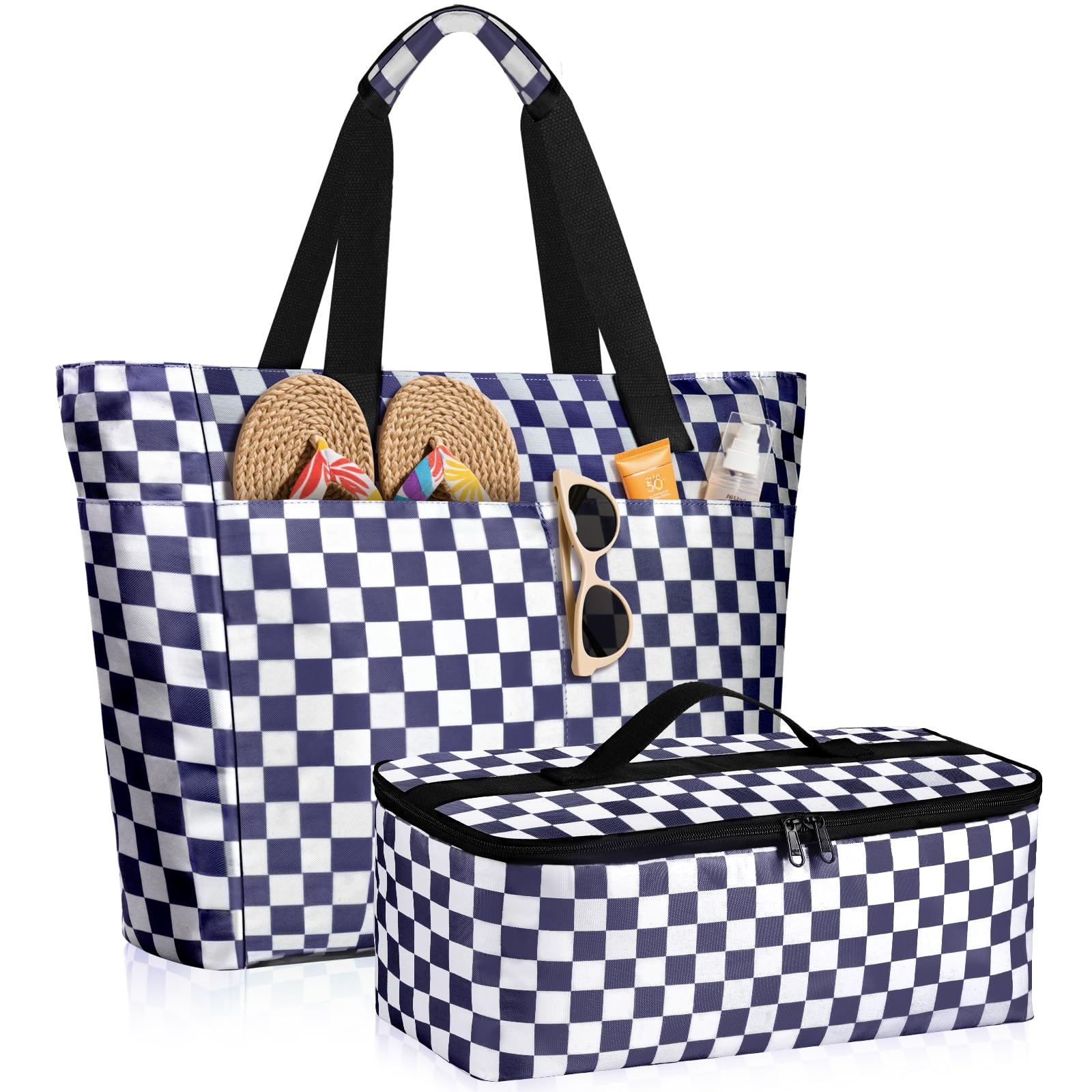 ISEYOU Strandtasche XXL Familie mit Kühltasche, Groß Strandtasche mit Reißverschluss Wasserdicht Sanddicht, Handtasche Damen 49L, Faltbar Badetasche für Reisen Fitnessstudio Picknick