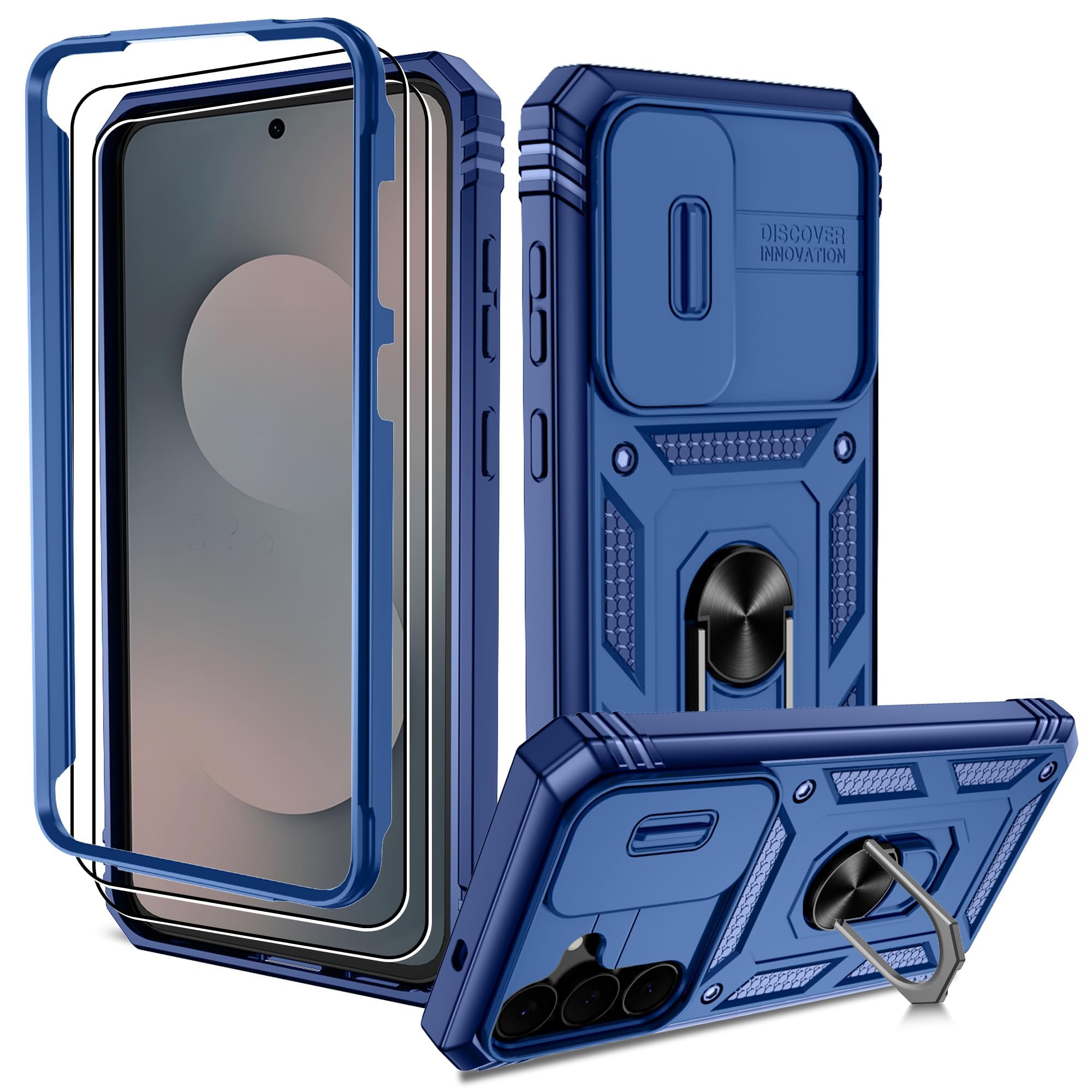 Pilaru Panzerhülle für Samsung Galaxy S25 FE Hülle mit 2 Schutzfolie, Handyhülle S25 FE 4G/5G Case mit Kameraschutz 360° Metall Ring Ständer, Stoßfest Schutzhülle für S25 FE Cover Tasche (Blau)