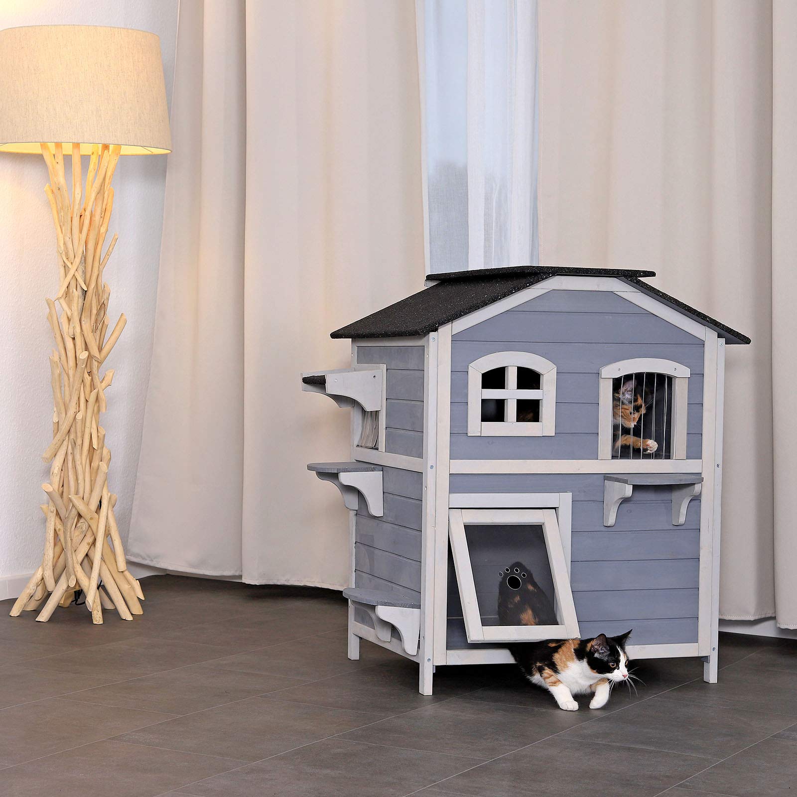 lionto Casa en forma de cueva, Villa para gatos, cabaña 80x55x90 cm, recinto Gris