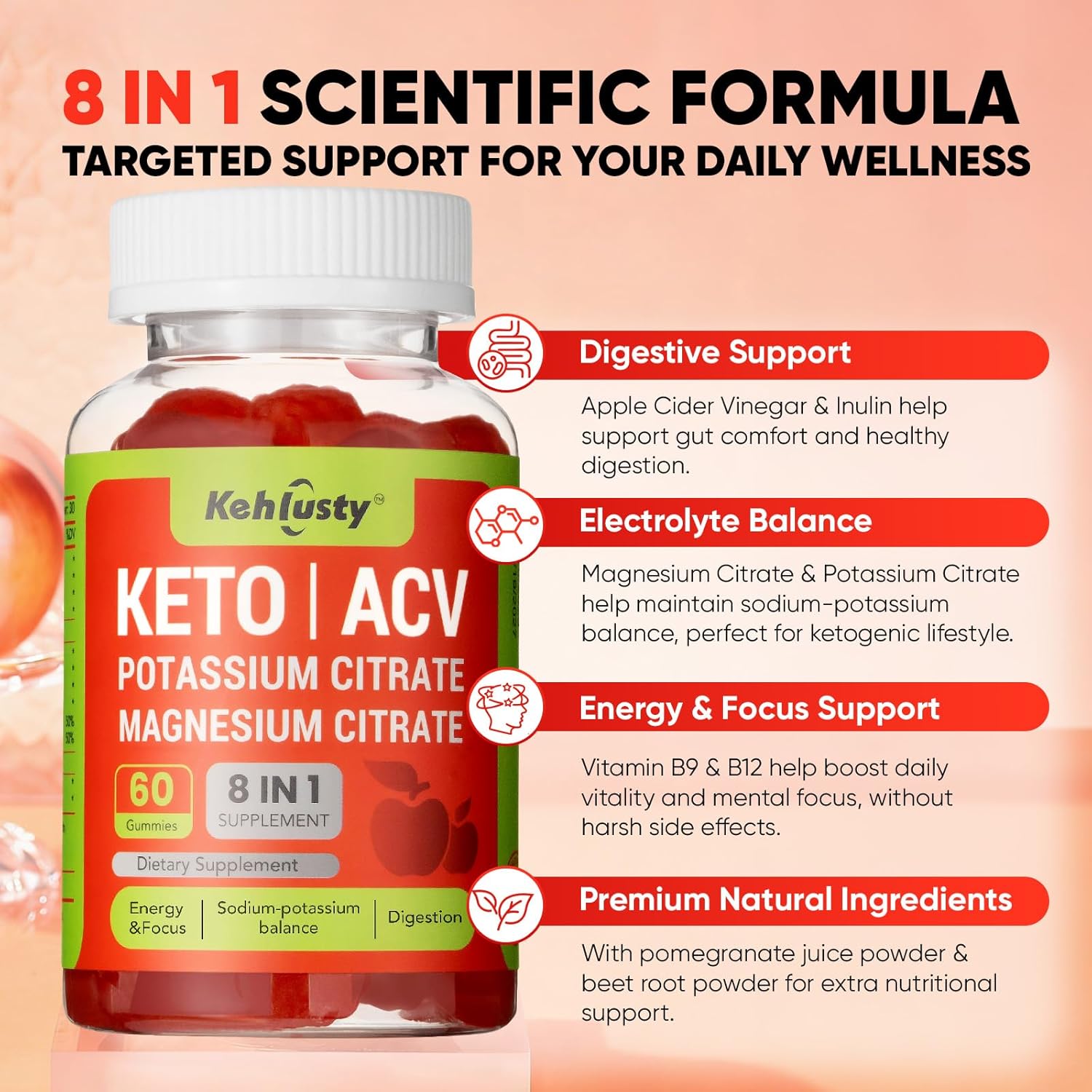 Keto ACV Gummies for Weight Loss Support, 8-in-1 Apple Cider Vinegar with B12, Electrolytes, Beet Root & Pomegranate | Supports Digestion, Metabolism & Weight Management | Keto-Friendly, 60 Gummies