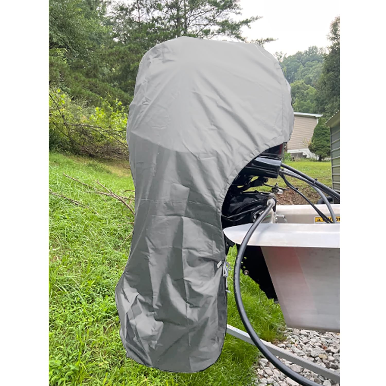 FLYMEIOutboard Motor Cover Fit 150-225 HP Motor, Full Boat Motor Cover Waterproof 420D Heavy Duty Oxford Fabric with PVC Coating, Windproof Outboard Engine Hood Covers with Zipper, Universal, Grey