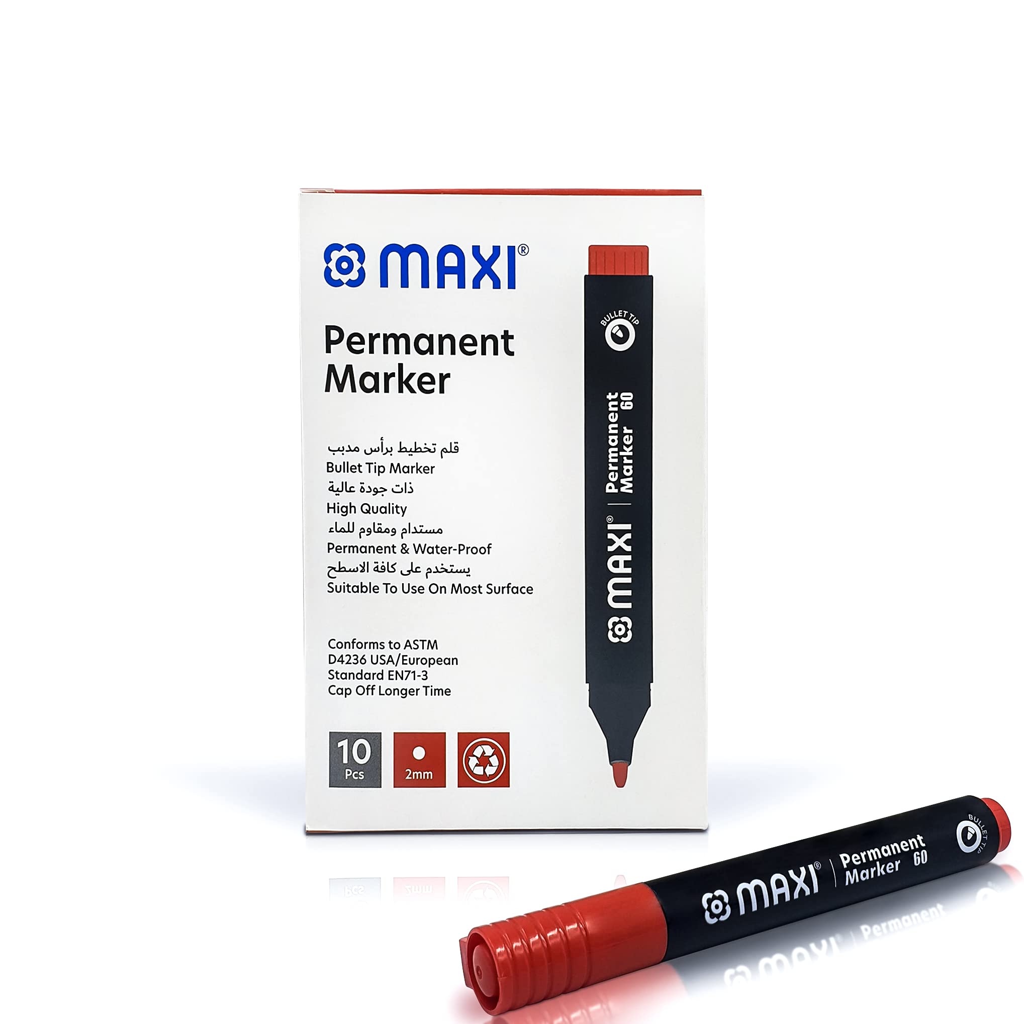Permanent marker with Chisel tip 10pc Red. Suitable to use on most surfaces. Mark and write on any non-porous surface such as wood, glass, plastic, or cardboard.