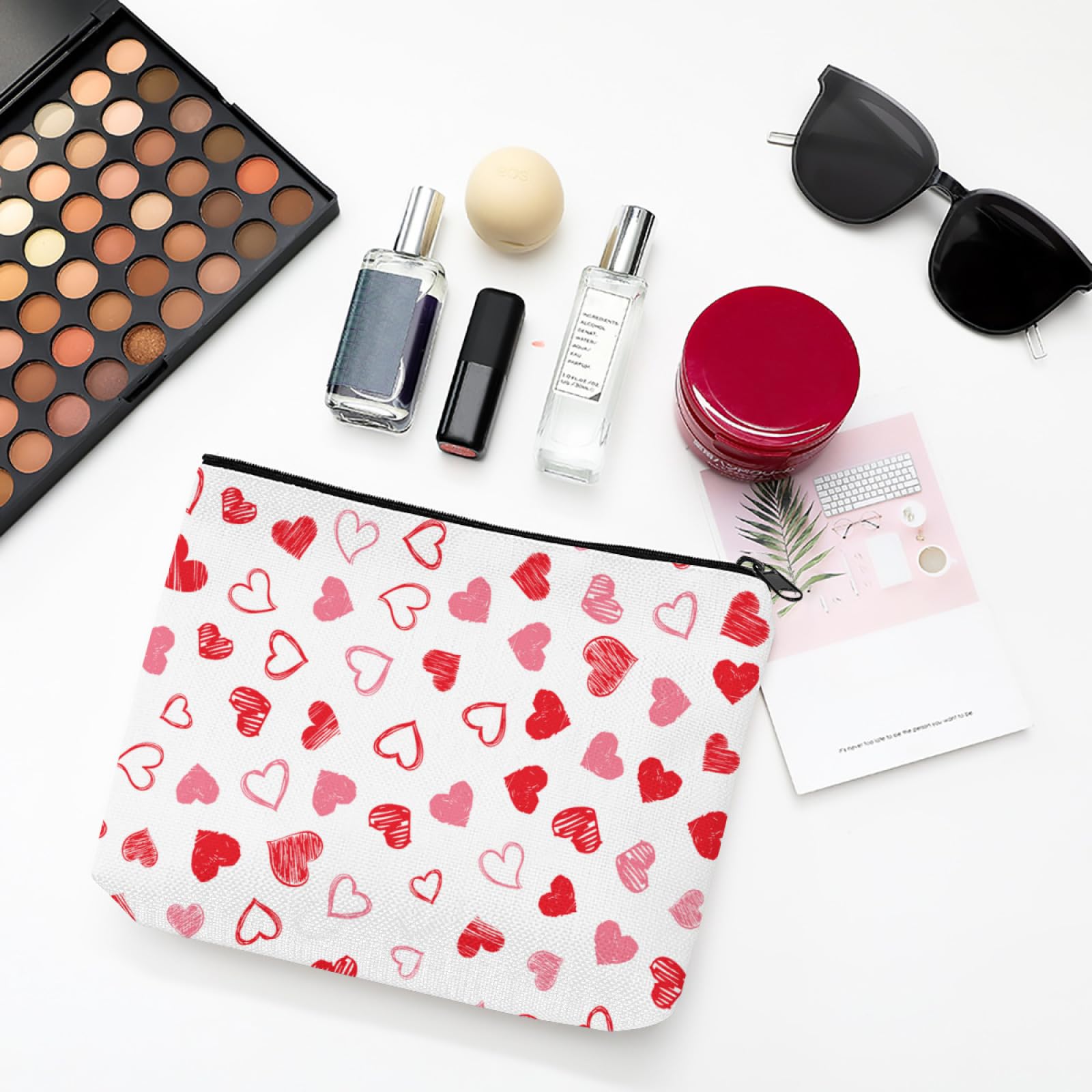 Happy Valentine's Day Love Heart Makeup Bag, Pink Red Zipper Cosmetic Bag - Image 2
