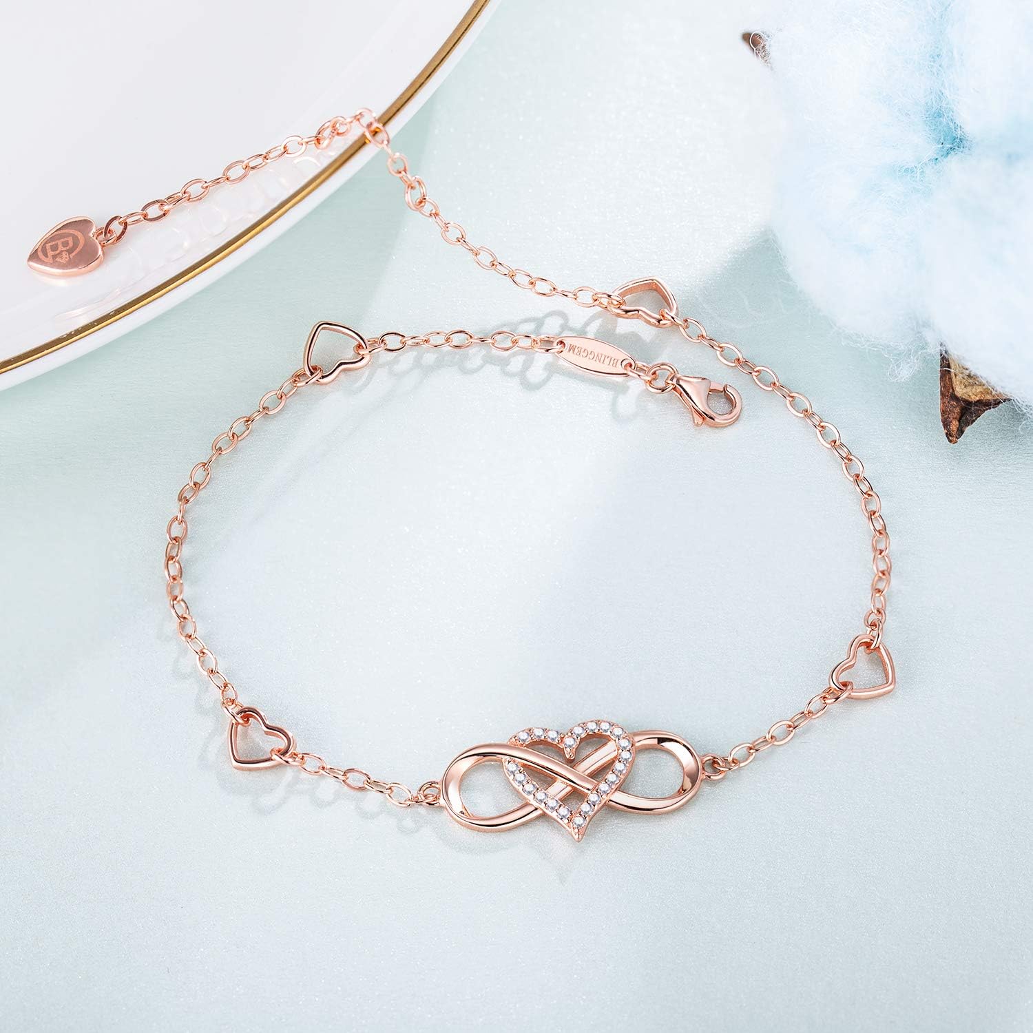 BlingGem Anklets for Women 925 Sterling Silver Infinity Hear Ankle Bracelet Cubic Zirconia Rose Gold Summer Beach Stylish Foot Chain Summer Vacation Jewelry Gift for Mom Women - Image 3