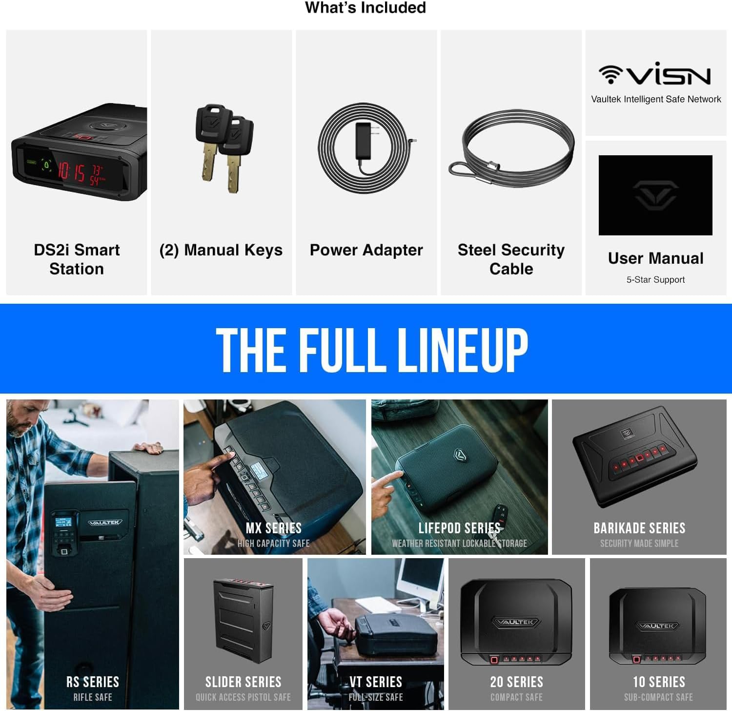 VAULTEK Smart Station DS2 display showing time, temperature, and humidity, with customizable touch controls.