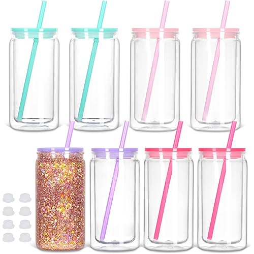 8 Pack Snow Globe Tumbler, 16 Oz Double Wall Plastic Can With Lid and Straw, Mason Jar Mug for DIY Glitter Gift (Mixed Colors)