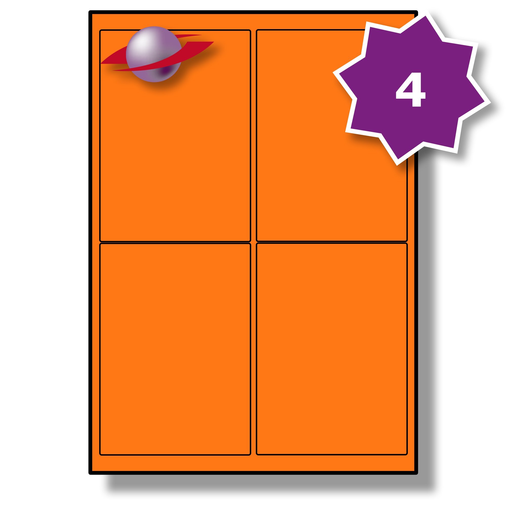 Label PlanetĀ® 4 Per Sheet, 25 Sheets (100 Fluorescent Orange Labels). Fluorescent Labels for Laser Printers, 99.1 x 139mm, LP4/99 FC.