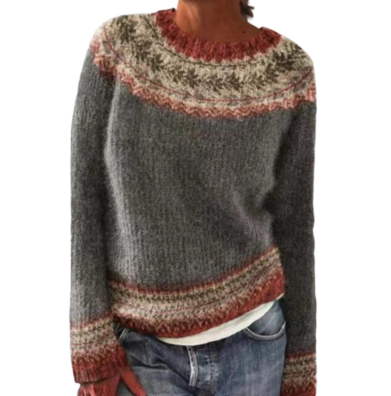Womens Fair Isle Knitted Sweater Crew Neck Long Sleeve Pullover Soft Warm Retro Pattern Top for Fall Winter