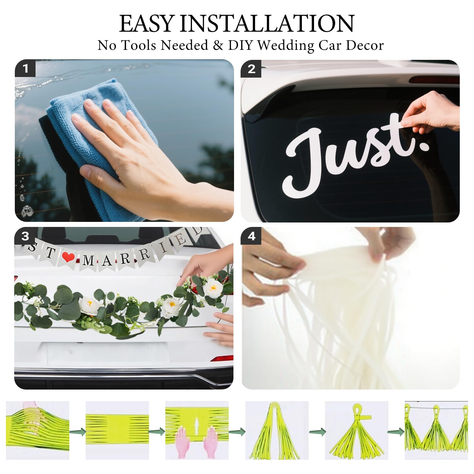 Lot de 4 décorations de voiture « Just Married » avec bannière amovible en papier et pompons pour fenêtre de mariée et marié, lune de miel, escapade, envoi de véhicule