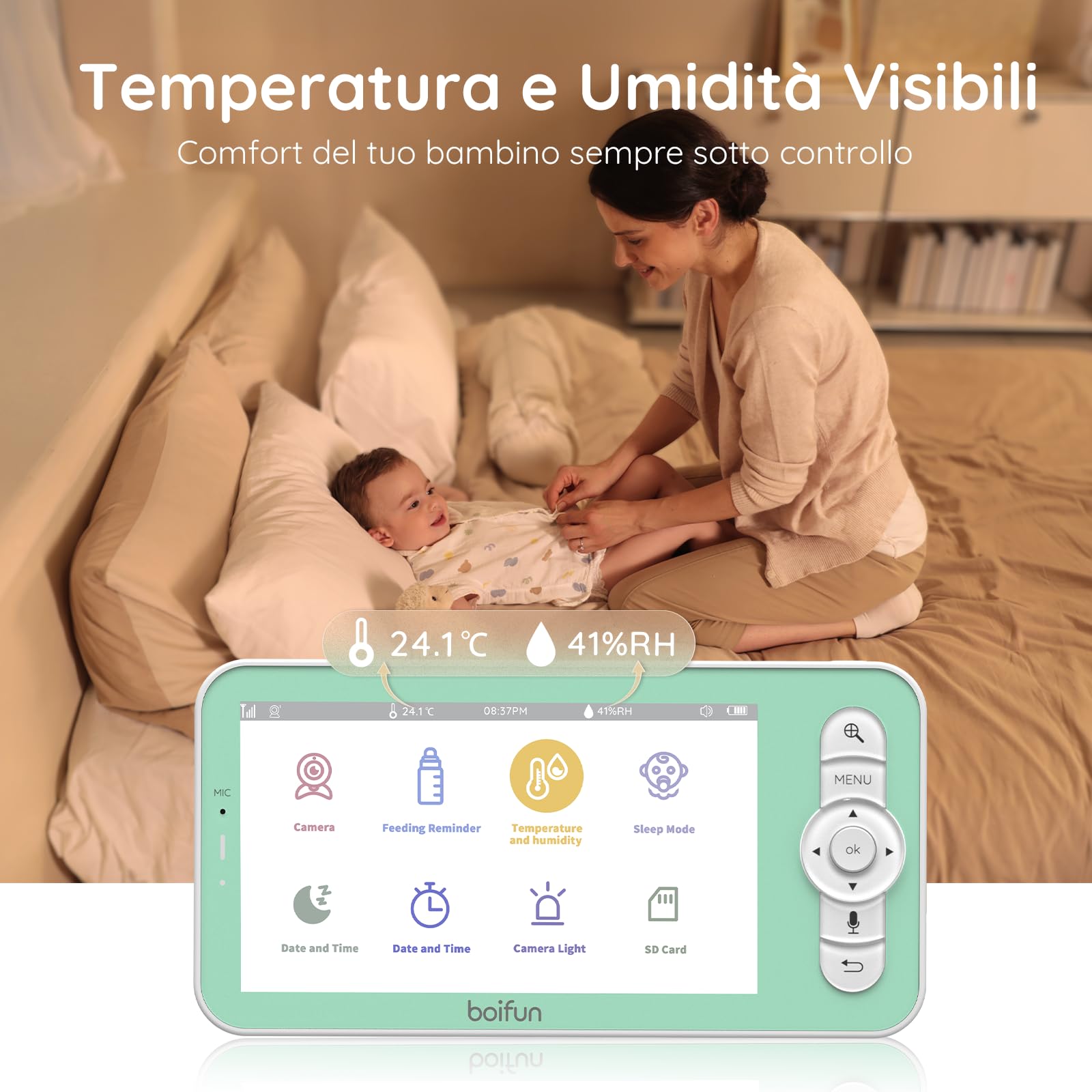 BOIFUN 2K Baby Monitor WiFi 360° con Luci Notturne, Display LCD 5" 3MP, Auto Tracking, Rilevamento Movimento e Suono IA