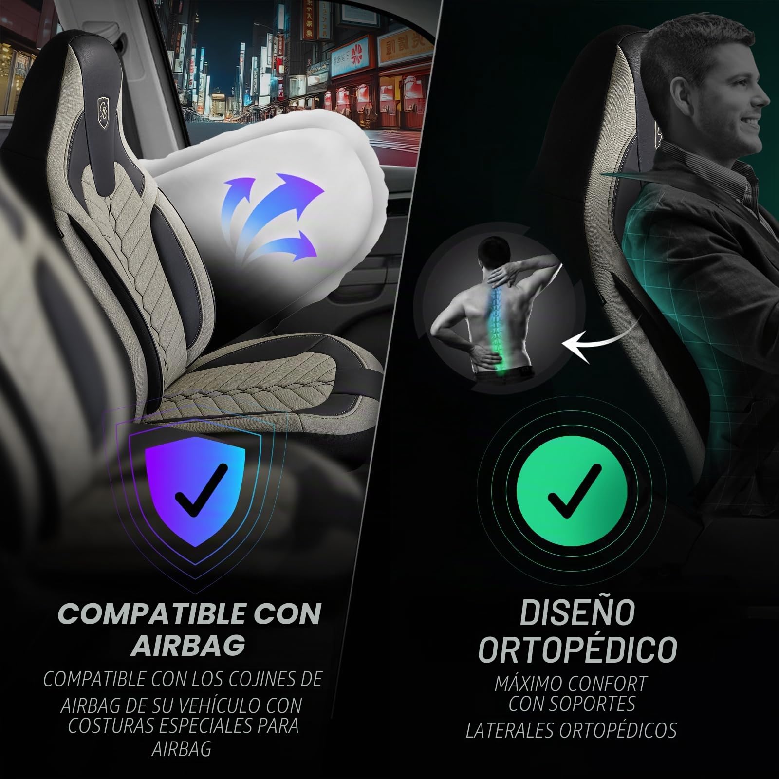 Fundas de Asiento Camper en Lino, compatibles Fiat Ducato, Citroën Jumper, Peugeot Boxer, Asientos Delanteros Conductor & acompañante, Camper & Caravana, Beige-Negro