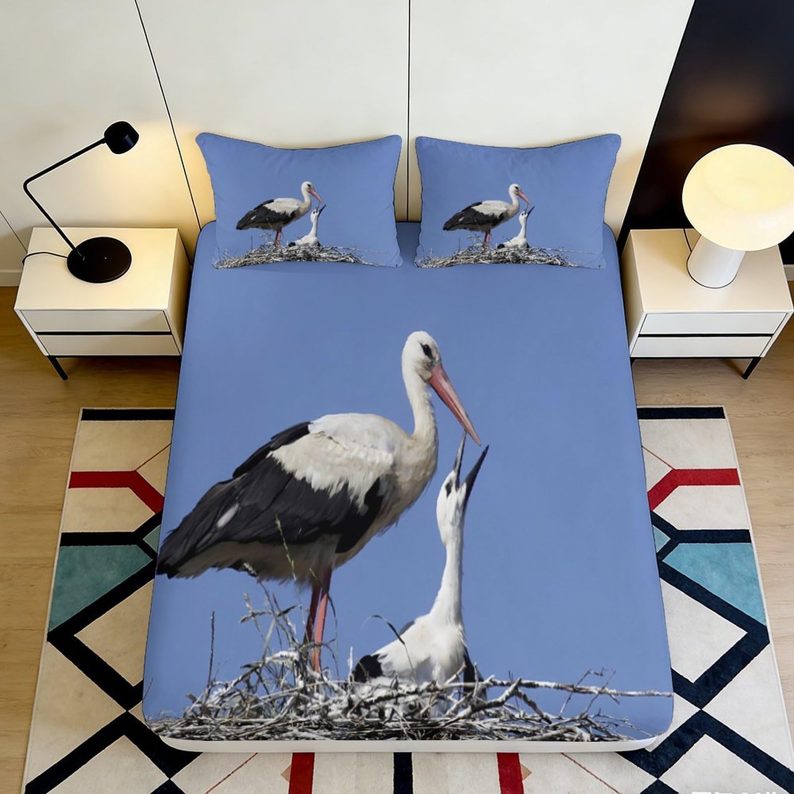 3D Printed Stork Family Fitted Sheet Microfiber Soft Blue Sky Bird Mattress Cover Slip-Resistant Bedroom Decor Washable 90x200x25cm