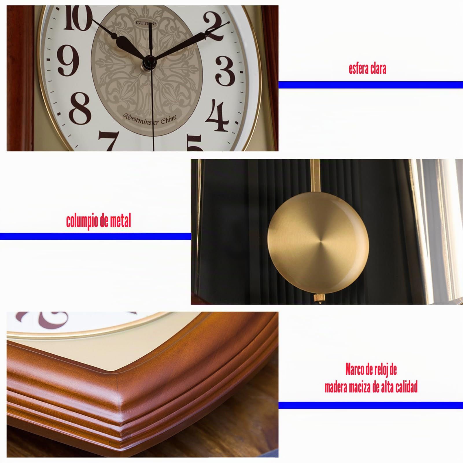 AOKLEY Reloj de Pared de péndulo 52 * 30cm, Reloj de pendulo, Reloj de carrillon Antes de Las campanadas, Fabricado en Madera