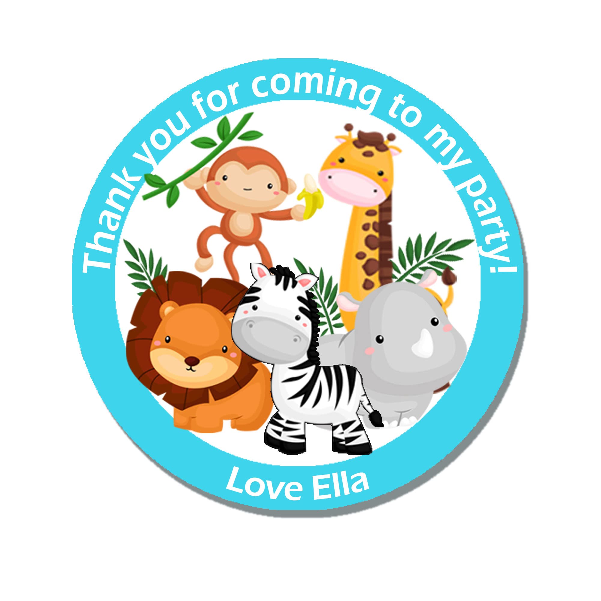 24 x Personalised Jungle Animal Birthday Gift Stickers - Thank You, Favour, Birthday, Party, Themed Event (D1 Sky Blue)
