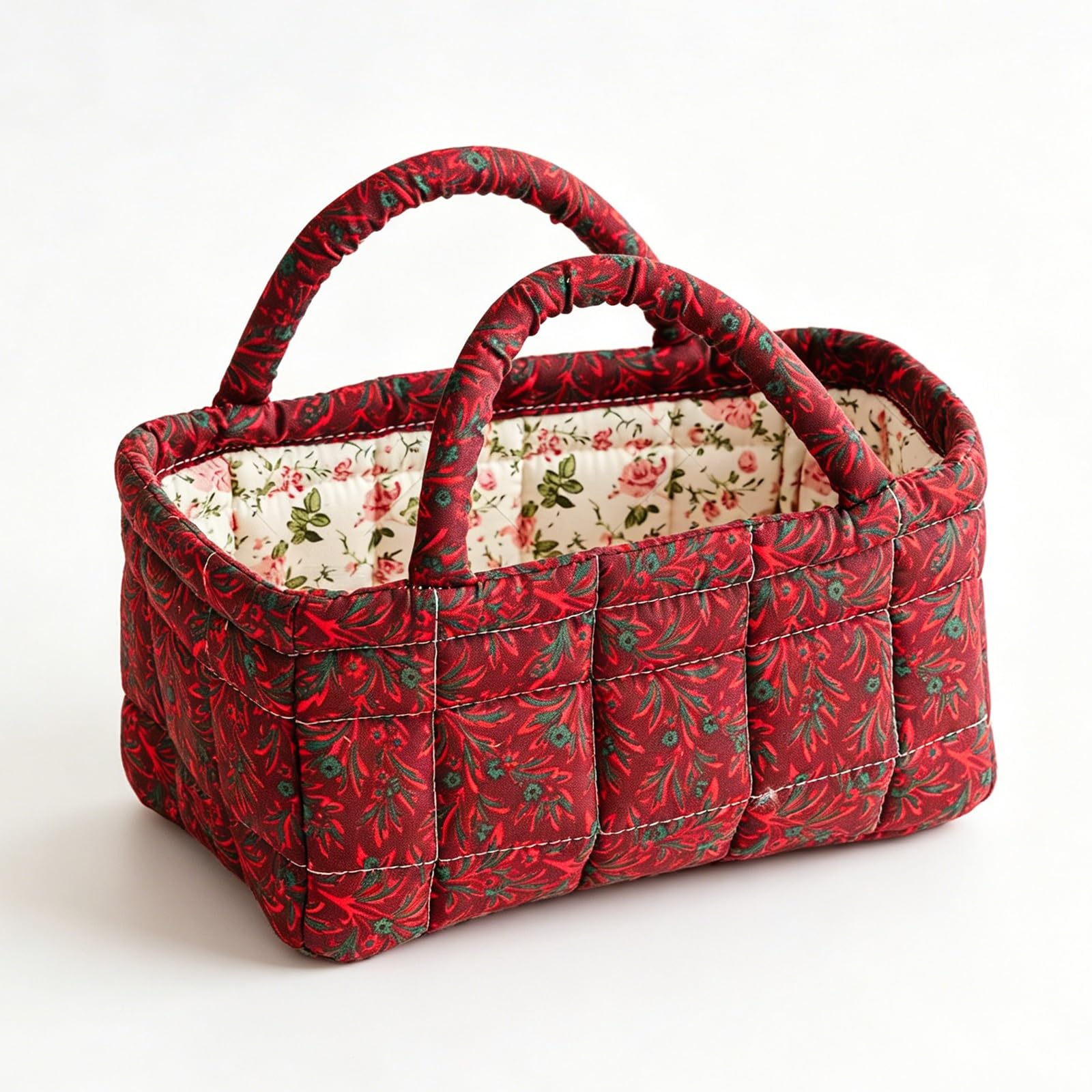 3L Floral Quilted Fabric Storage Basket, Portable Small Organizer Bin with Double Handles, Collapsible Cotton Makeup Basket for Bathroom Desktop Cosmetic Sundry Home Storage(4)