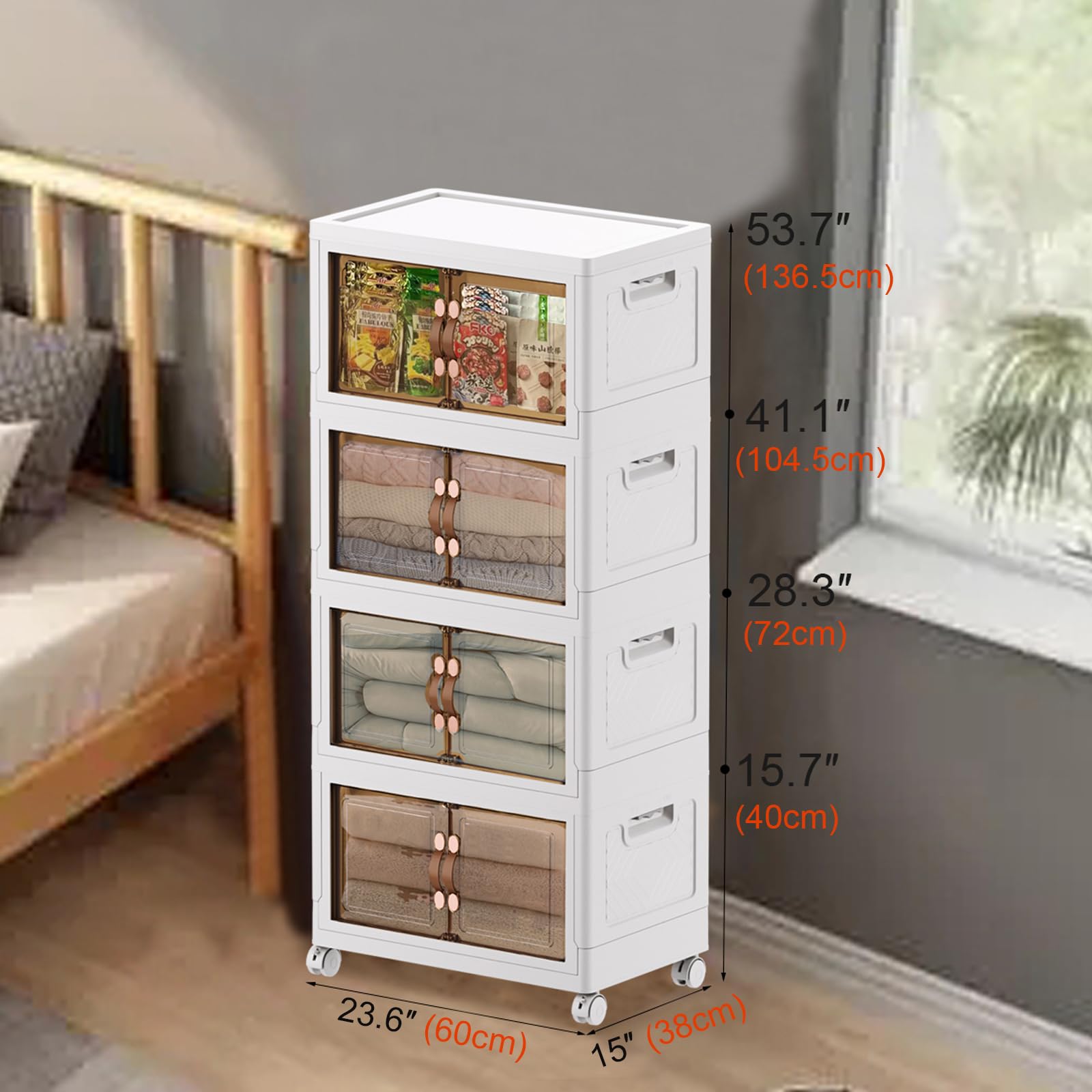 MECOLOR Armadi portaoggetti in plastica con ruote, 4 x 63 l, impilabili, pieghevoli, accesso dall'alto e anteriore, porte trasparenti magnetiche