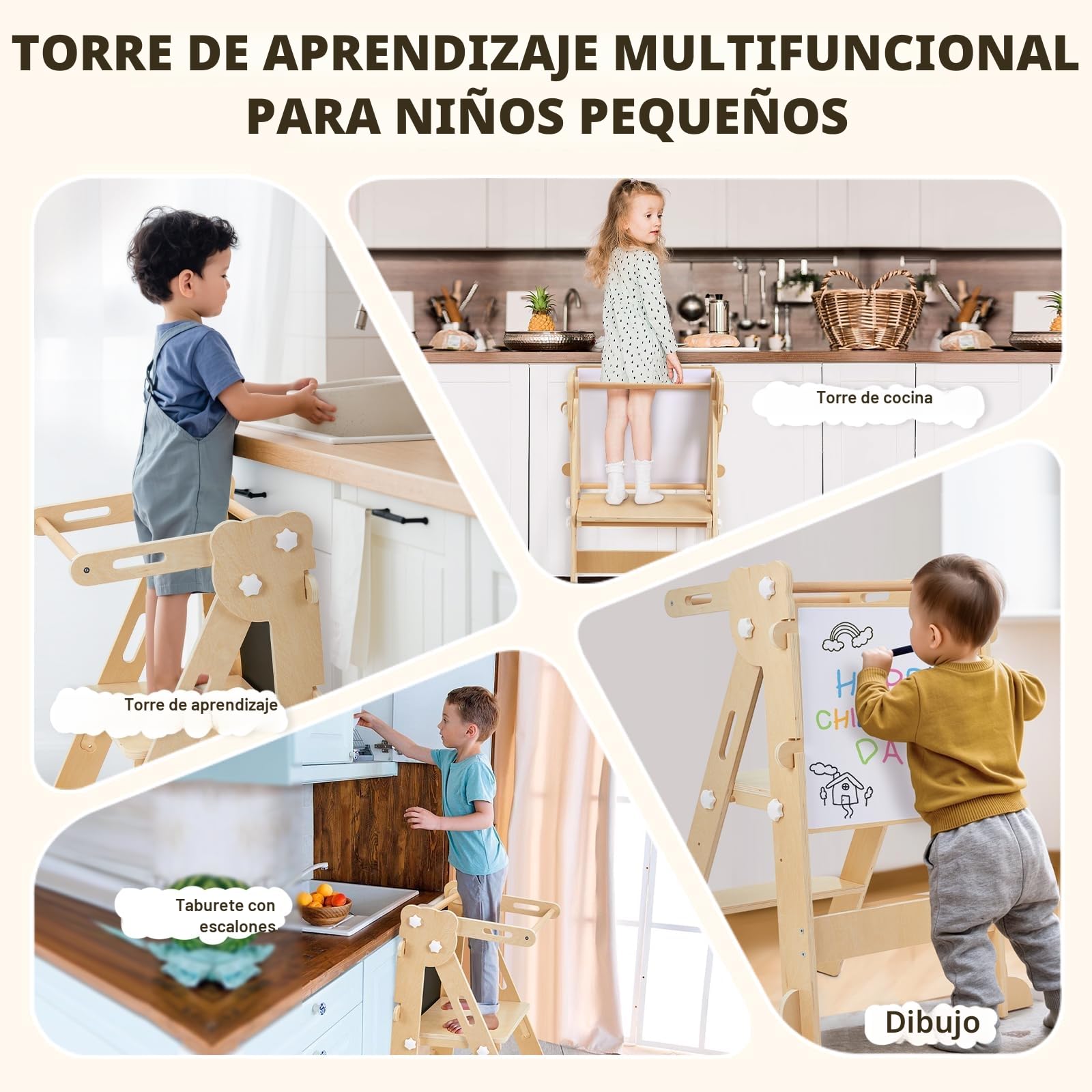 Labebe Torre de Aprendizaje Plegable 3 en 1 Multifuncional Ajustable en Altura y Ancho Madera
