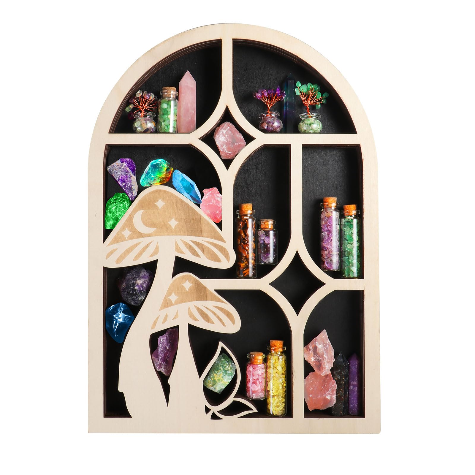 Wooden Crystal Display Shelf Mushroom Design Floating Shelf for Rocks, Stones, Crystals, Essential Oils Storage, Wall Mounted Shelf, Gothic Rustic Boho Style Wall Art Decor, 11.8x16.5 inches
