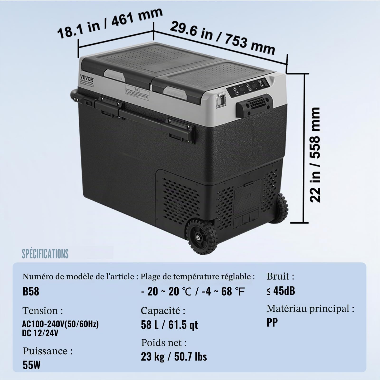 VEVOR Réfrigérateur Portable 58 L, Mini Frigo de Voiture su Roulettes 12 V, Glacière à Double Zone Température Réglable -20 °C à 20 °C, Congélateur à Compression pour Maison Camion Bateau Camping