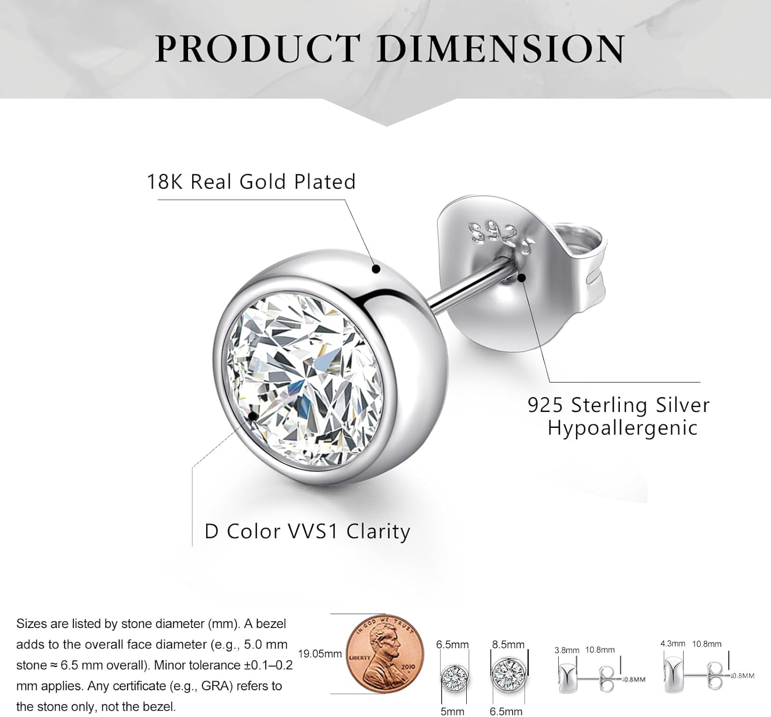 Moissanite Diamond Earrings for Women & Men,1-2 Carat D Color VVS1 Clarity, 5-6.5mm Hypoallergenic 18K White Gold Plated 925 Sterling Silver Bezel Set Round Studs - Image 2