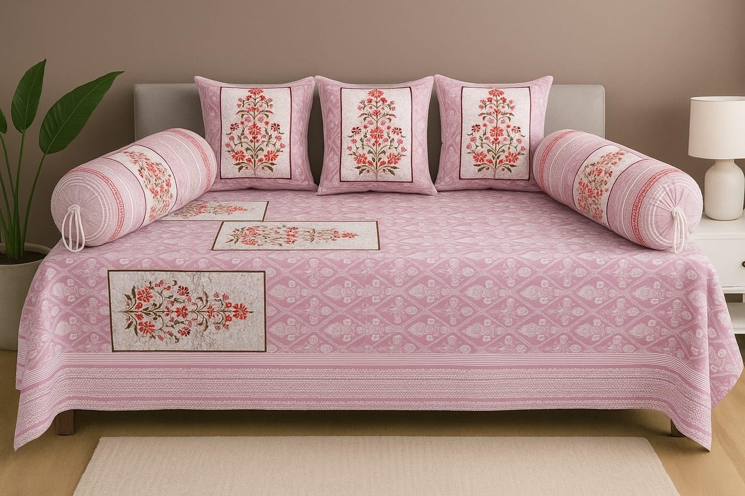 Jaipuri Printed Diwan Set Pure Cotton Diwan Bedsheet with 2 Bolster Covers & 3 Cushion Covers | Soft, Breathable Fabric | Pack of 6 (1+2+3) (6, Dark Pink, S/B Bedsheet (60+90))