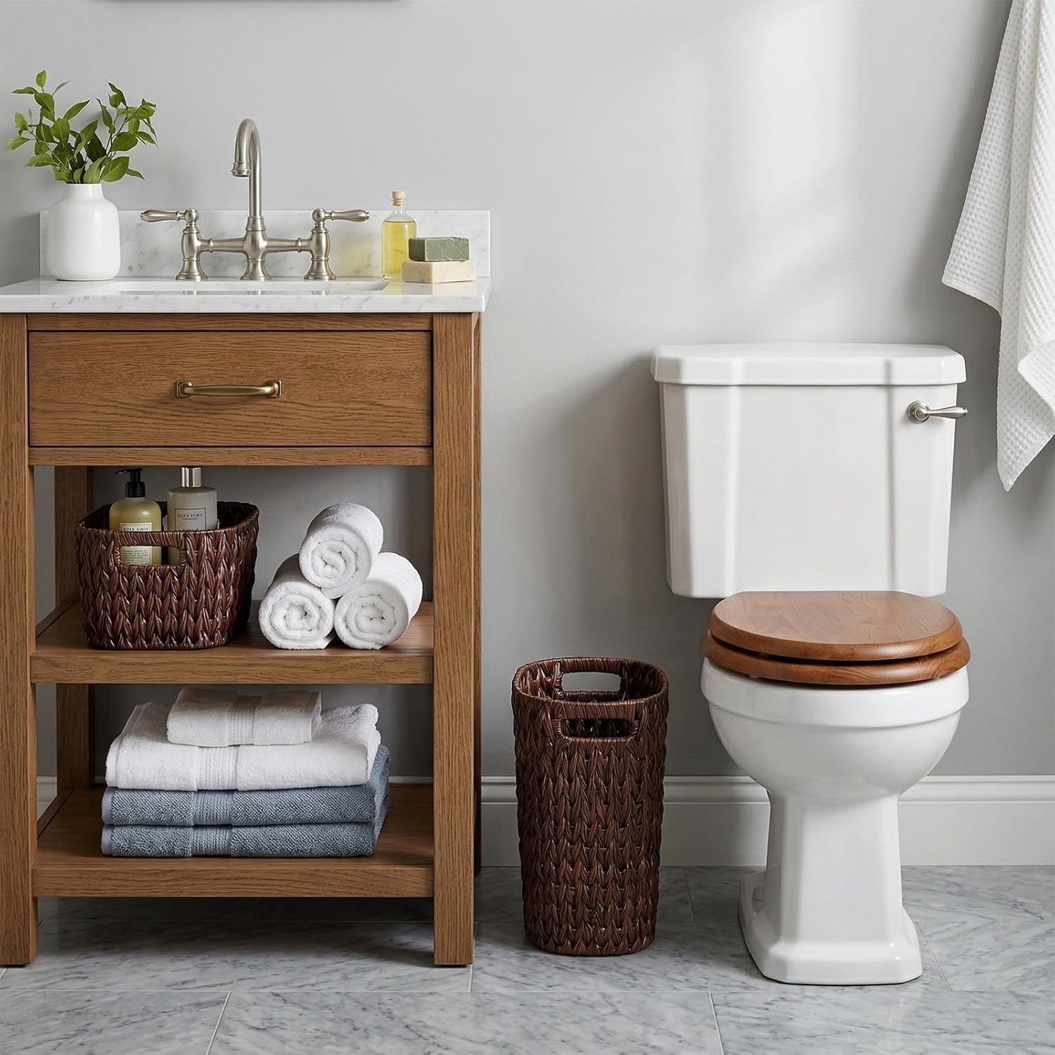 Coeusy 5 Gallon Wicker Trash Can Brown,Bathroom Trash Can with Handles,Handwoven Waste Basket Waterproof Narrow Small Garbage Can for Bedroom,Bathroom,Office