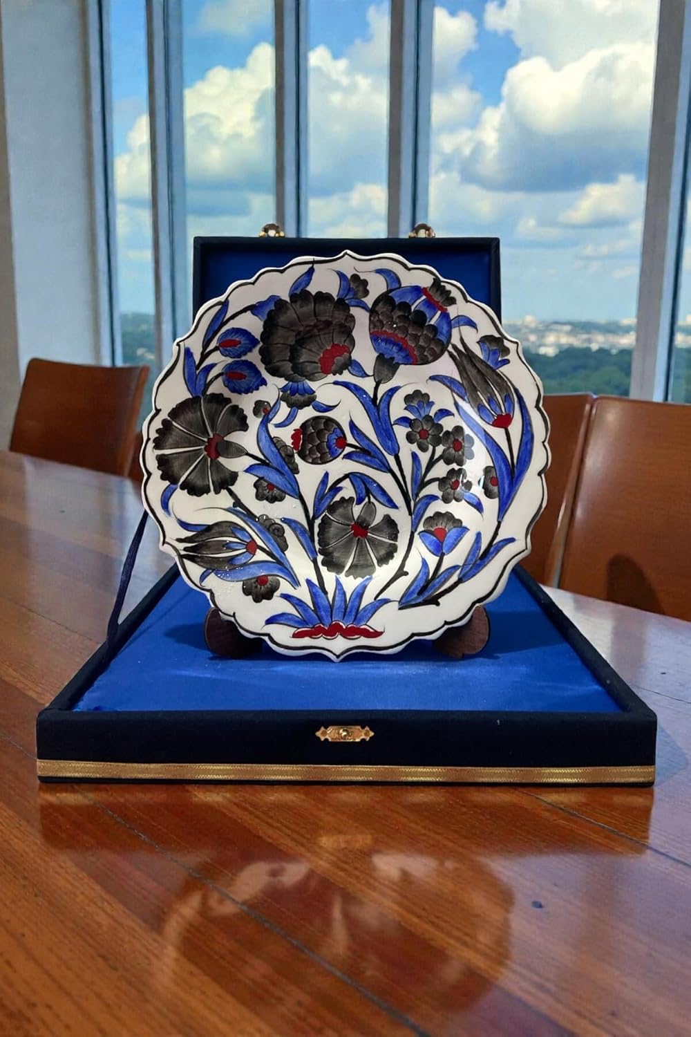 SODEF Handmade Ceramic Tile Decorative Plate 25cm Black & Blue Samur Craftsmanship with Velvet Box, Turkish Art Home Decor - Black, One Size