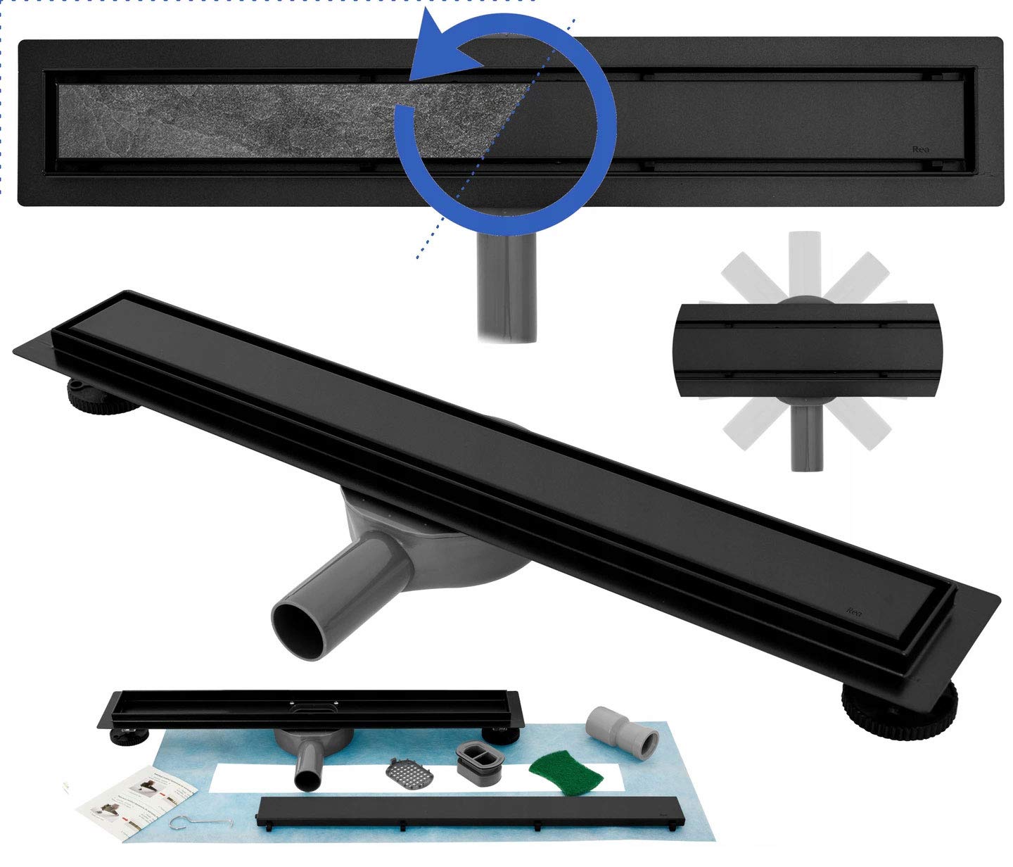 VBChome Caniveau de douche 90 cm - Noir - Siphon auto-nettoyant avec système anti-odeurs - Tailles 60 à 100 cm - Très plat - Kit complet de caniveau pour salle de bain