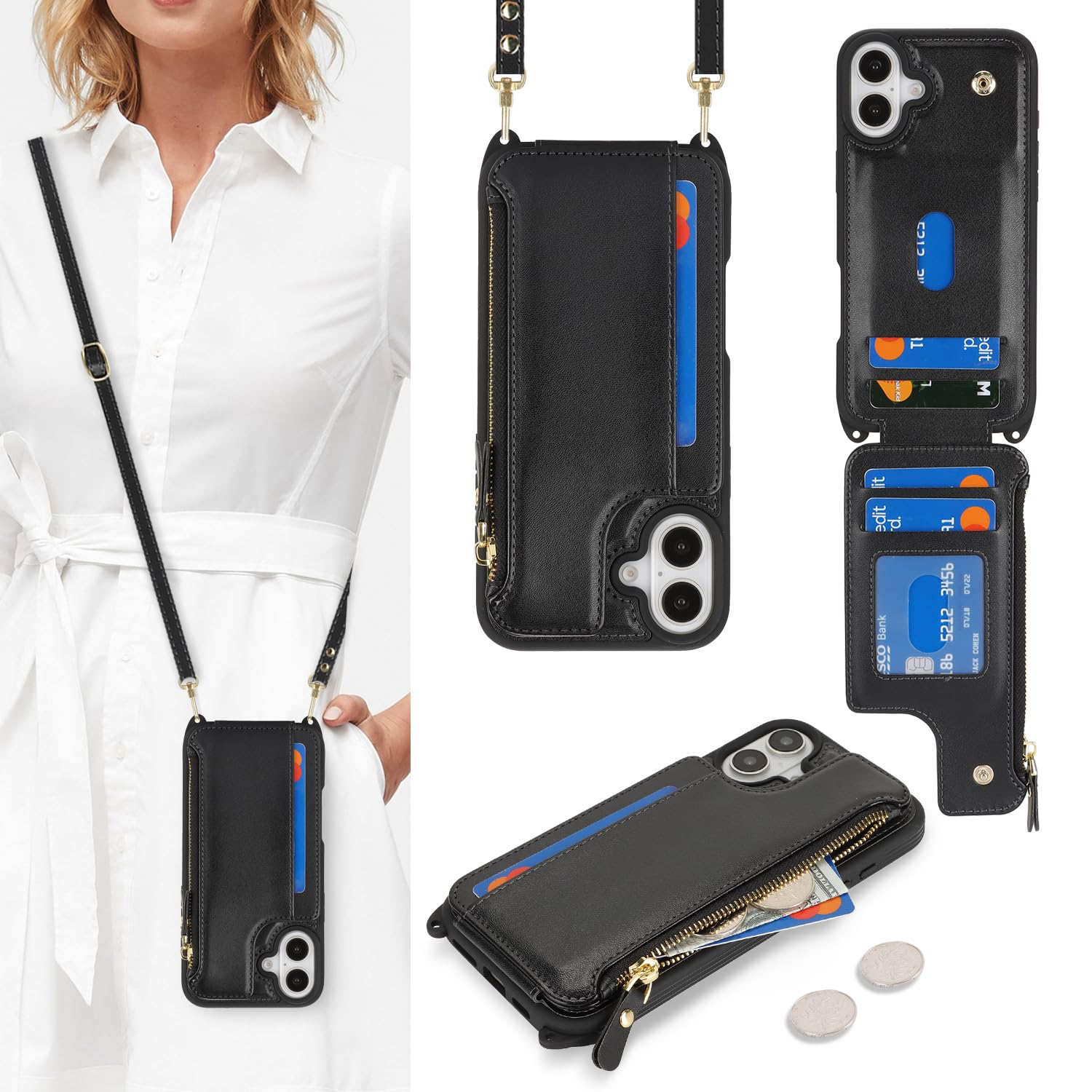 Cavor for iPhone 16 Plus Case with Card Holder, Wallet Case for Women, for iPhone 16 Plus Phone Case with Strap,Crossbody Lanyard and Wristlet Zipper