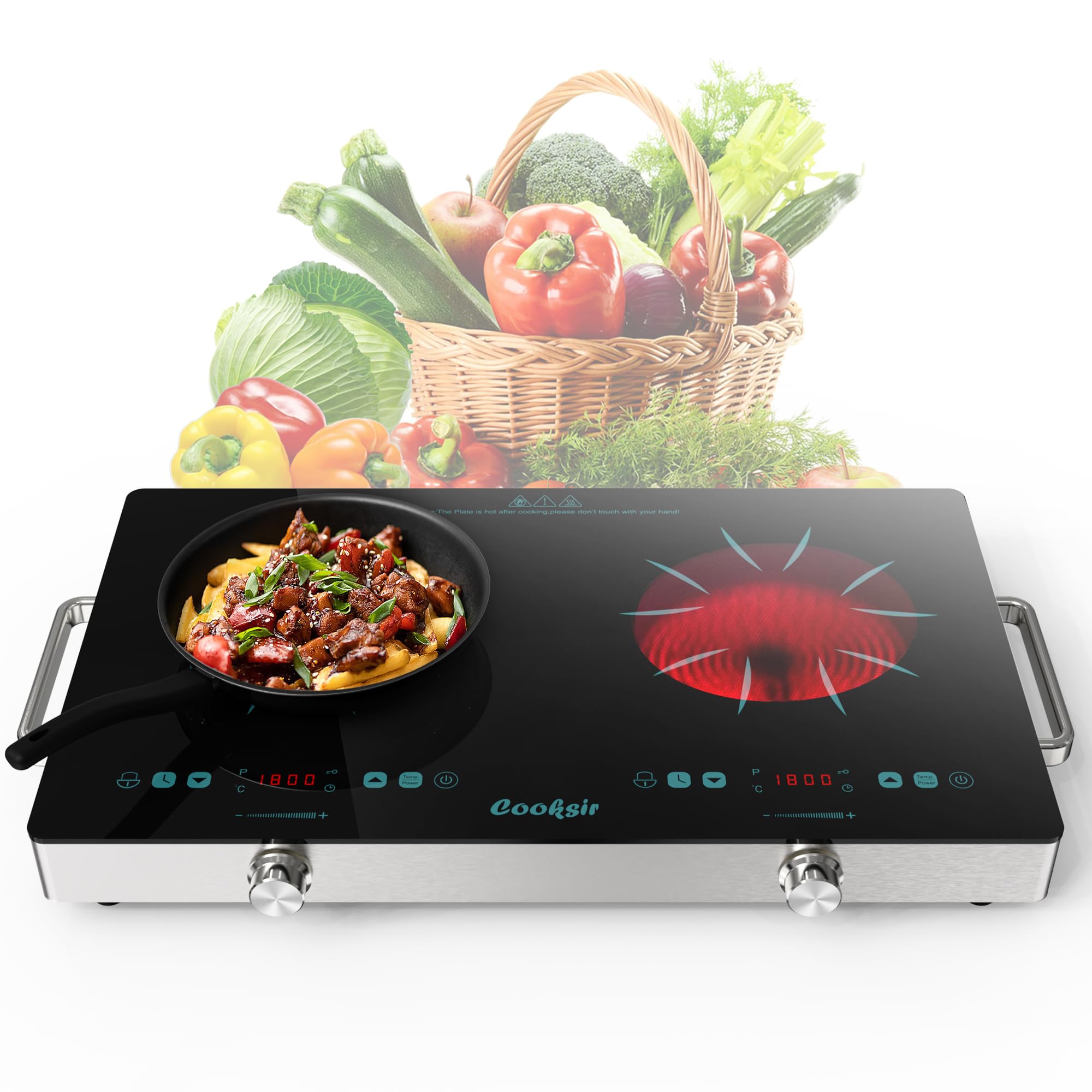 Cooksir Hob Ceramic Hob 2 Burners with Plug, 56CM Autark Portable Cooktop with Handle, 230 V, 3200 W, Double Ceramic Hob, Temperature Step Switch