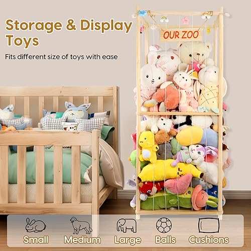 Miniatura 6 de Organizador de juguetes de peluche extra grande de 63 pulgadas para guardar objetos de madera, jaula de animales de peluche para niños, organizador