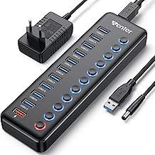 HUB USB 3.0 alimentato esterno, WENTER Multiporta USB 11 in 1, 10 porte hub USB 3.0 e 1 porte di ricarica rapida Indicatore Ladron USB Hub USB LED e interruttore attivo con adattatore di Corrien