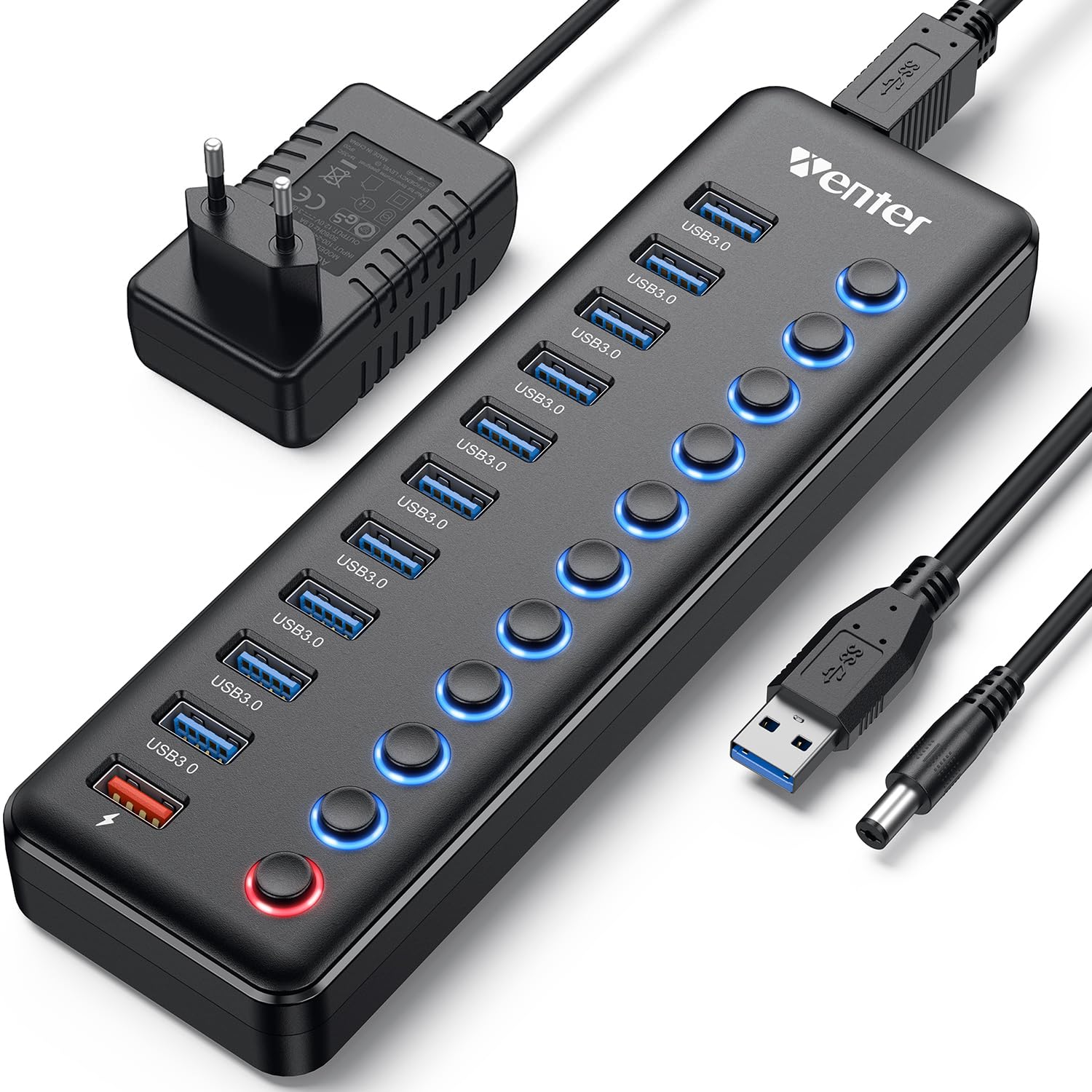 HUB USB 3.0 Alimentado Externa, WENTER Multipuerto USB 11 en 1, 10 Puertos de hub USB 3.0 y 1 Puertos de Carga rápida Indicador Ladron USB Concentrador USB LED y Active Switch con Adaptador de Corrien