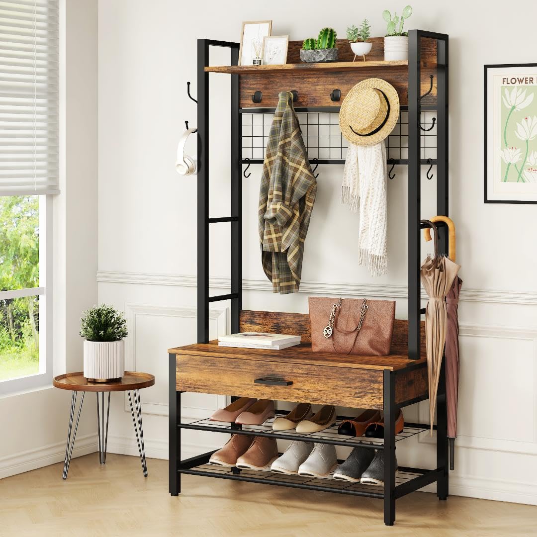 Recaceik Hall Tree with Bench and Shoe Storage, Entryway Coat Rack with Shoe Bench, Industrial Hall Tree with Drawers and 12 Hooks for Bedroom, Living