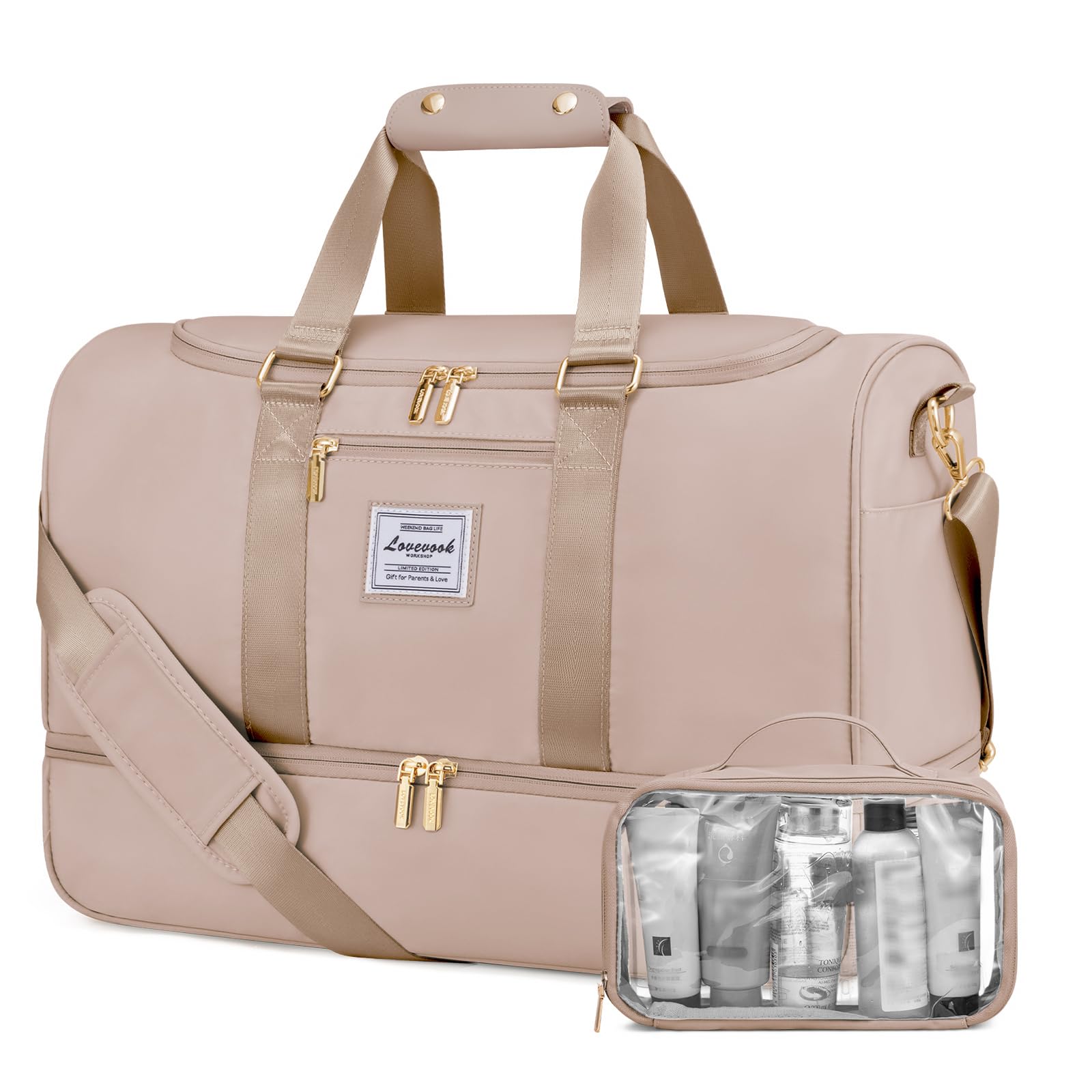 LOVEVOOK Sporttasche Reisetasche Damen, Travel Bag Gym Bag mit Kulturtasche, Schuhfach & Nassfach, Wasserdicht Strandtasche Schwimmtasche Saunatasche, Handgepäck Tasche für Sport Urlaub, Sandfarben