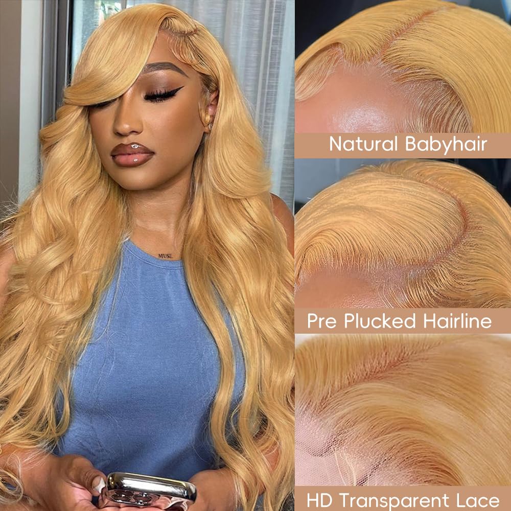 Honey Blonde Wig Human Hair 200 Density Honey Blonde HD Lace Front Wig Human Hair Pre Plucked Body Wave 13x4 Lace Front Wigs Human 27# Colored Lace Frontal Wigs 24 Inch
