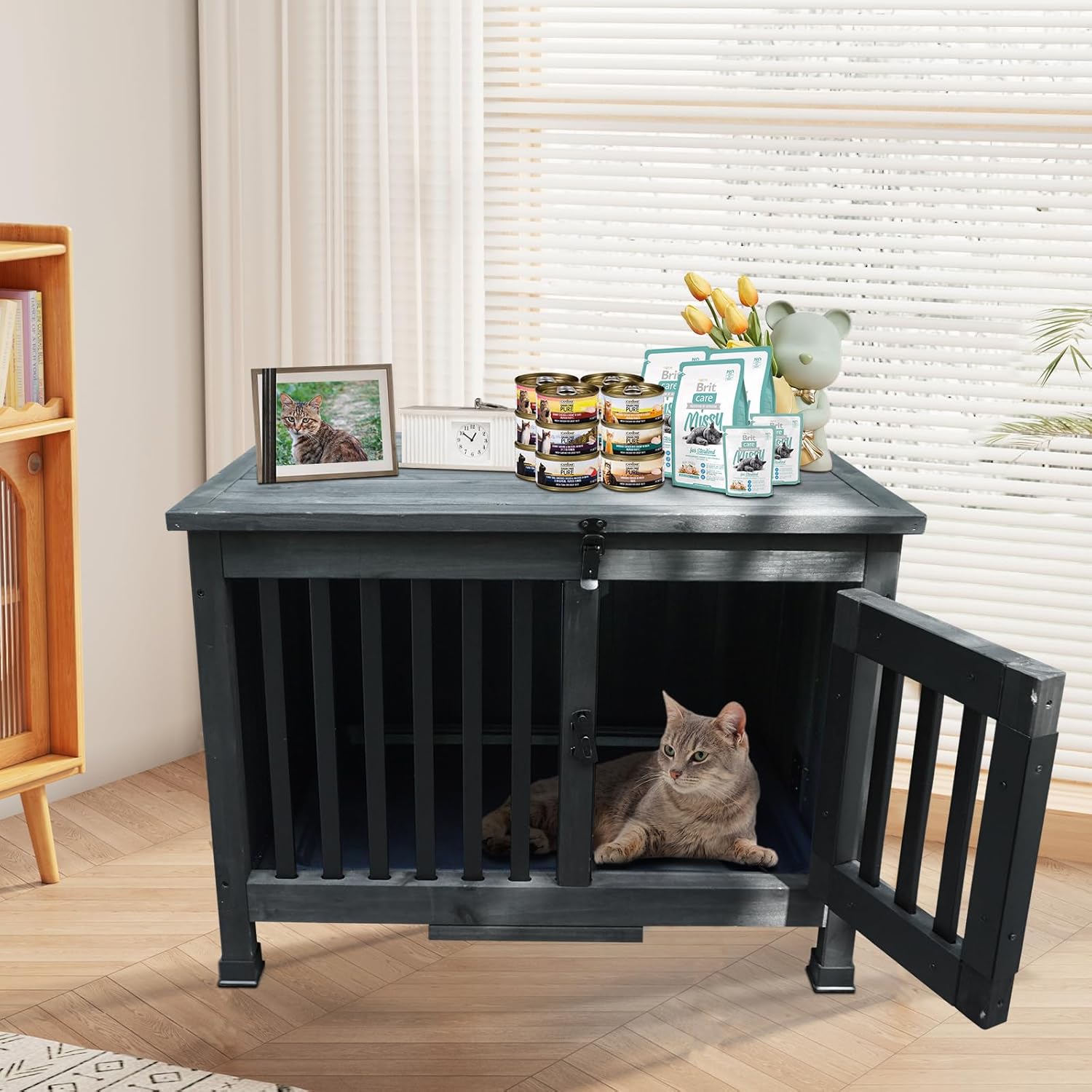 28" Dog Crate Furniture, Fully Assembled Wooden Dog Kennel with Removable Tray, Decorative Pet Crate Dog Cage Indoor Furniture End Table, Portable Pet Cage for Small & Medium Dogs, Black