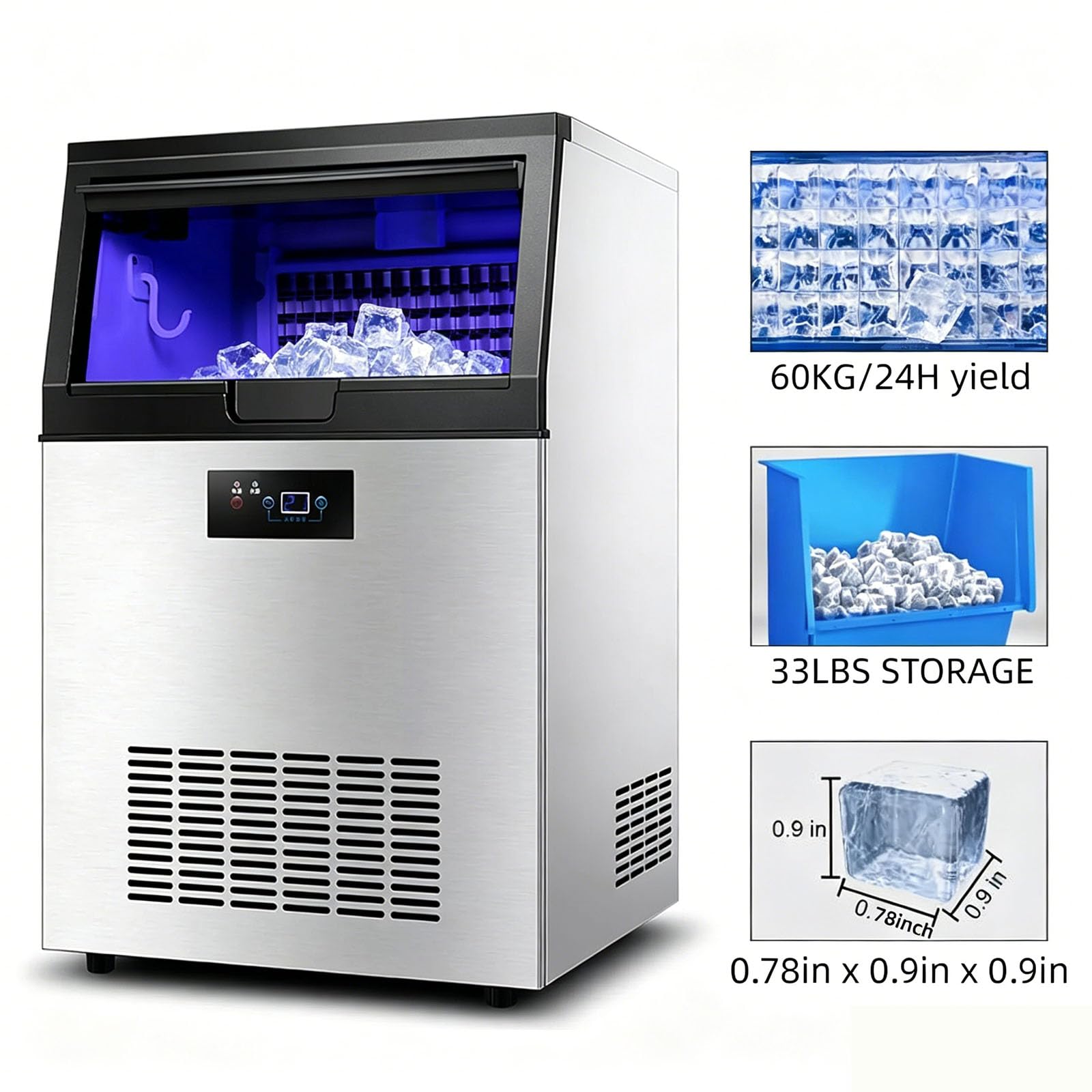Macchina del Ghiaccio Professionale 60kg/24H Macchina per Ghiaccio da Tavolo Commerciale Fabbricatore Ghiaccio con Schermo LCD,per Casa/Ufficio/Ristorante/Bar/Caffetteria