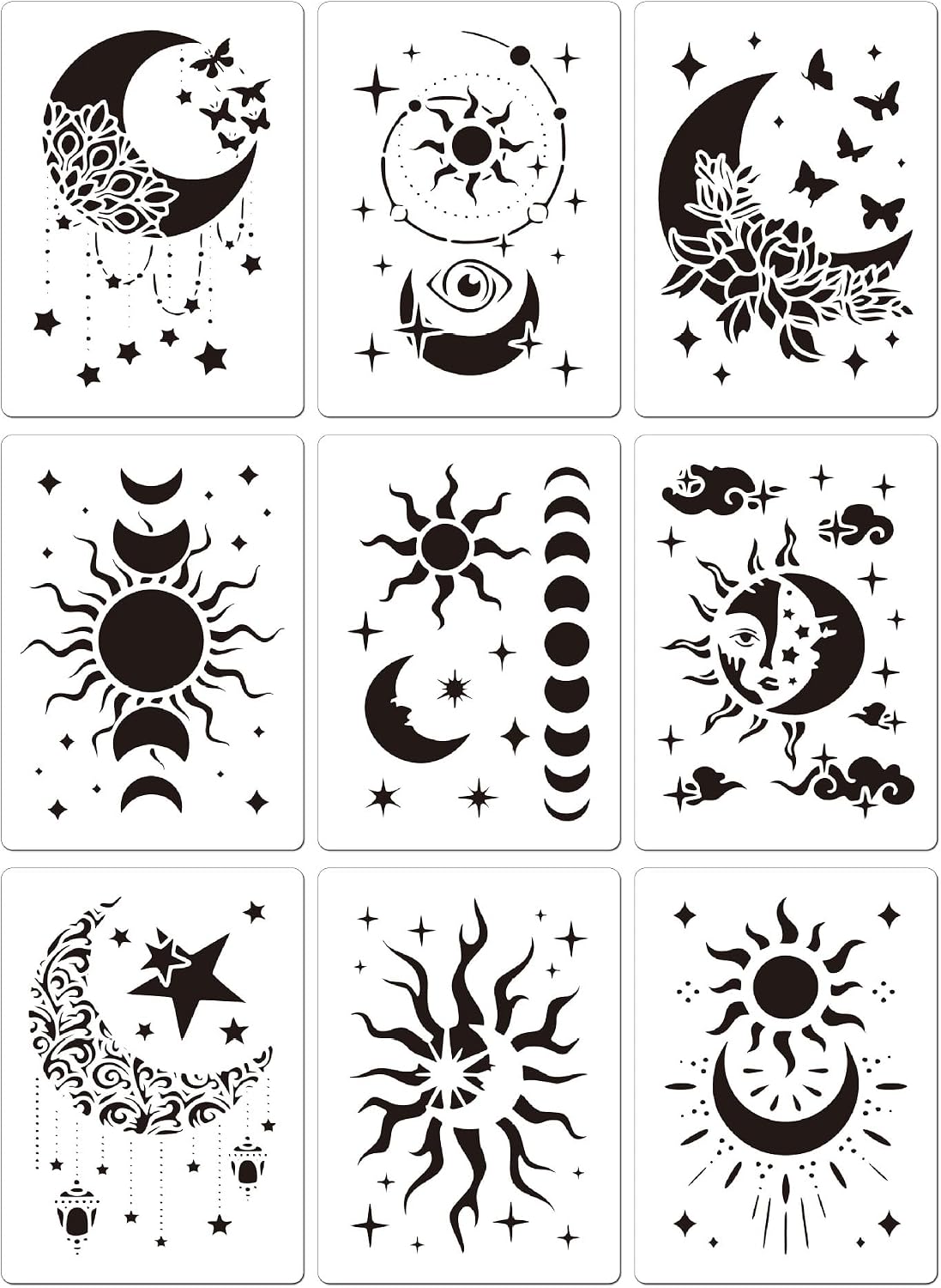 9-Pack Sun Moon Star Stencils for Painting on Wood- Large 30x21cm Reusable PET Painting Templates for Wall Art, Wood, Fabric, Baking Decor & DIY Crafts